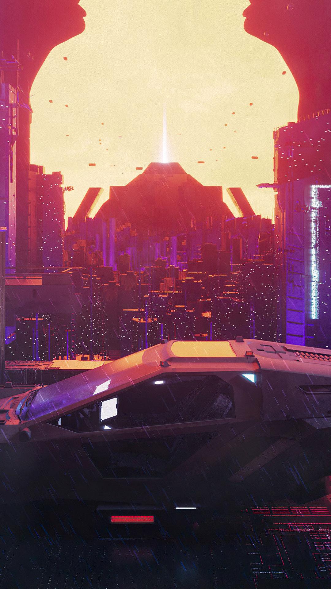 Cyberpunk city with flying car and pyramid structure HD Phone Wallpaper