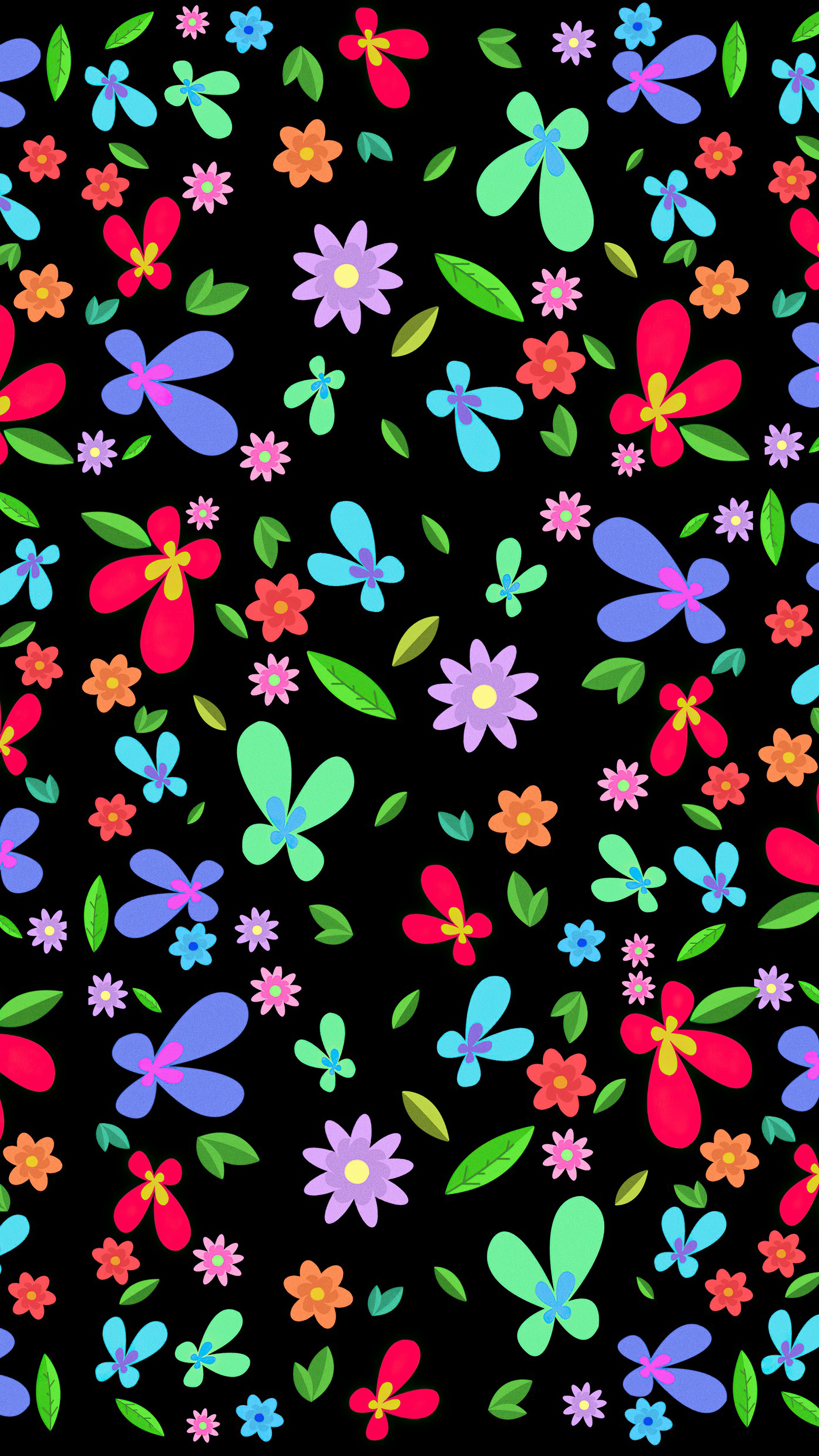Colorful abstract flowers and leaves on black background HD Phone Wallpaper