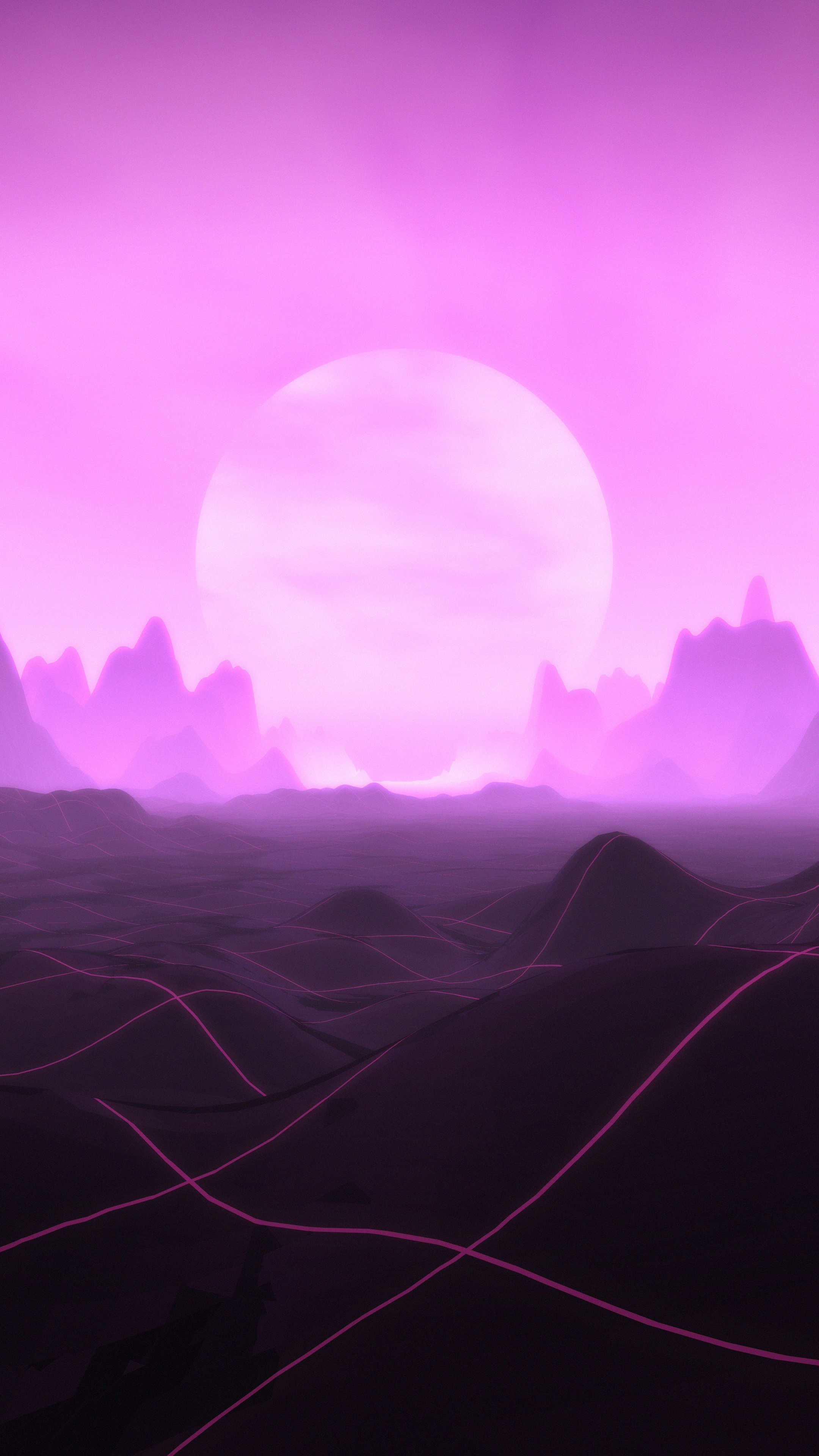 Digital art of a surreal alien landscape with a large pink sun HD Phone Wallpaper