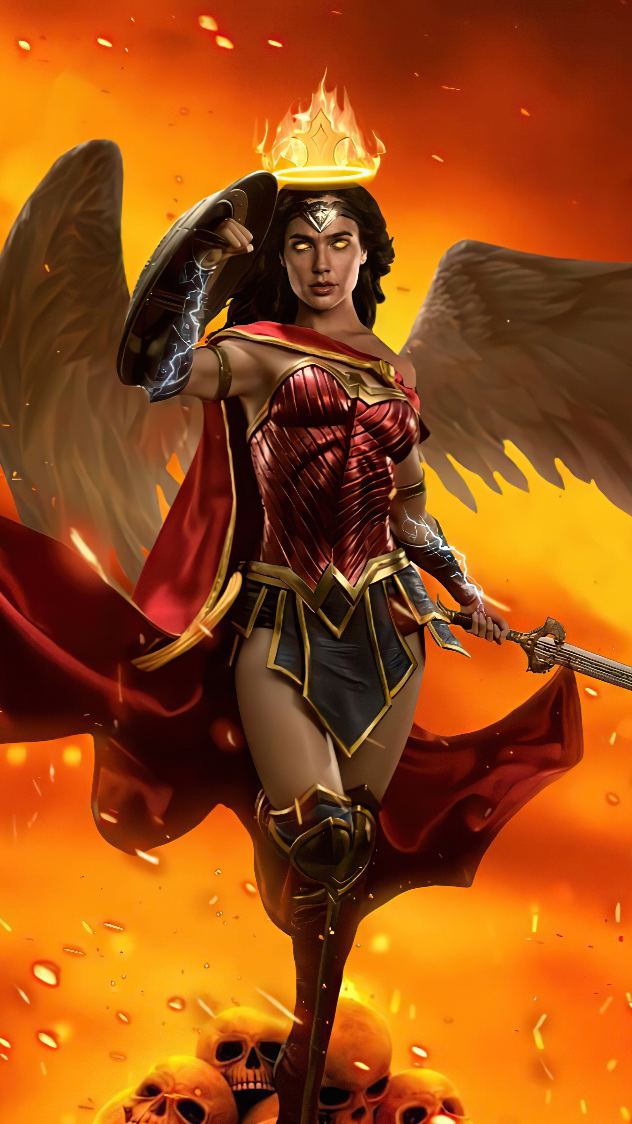Wonder Woman with Wings and Fiery Halo HD Phone Wallpaper