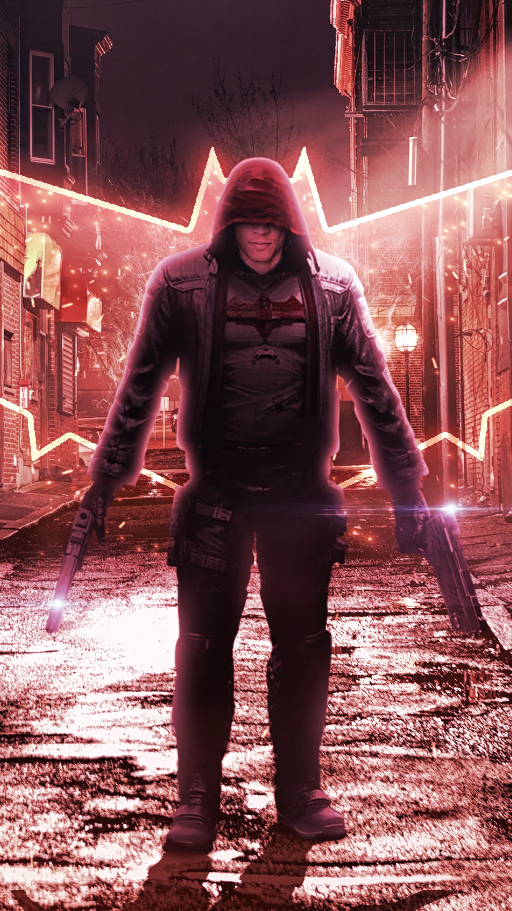Red Hood with guns in alleyway HD Phone Wallpaper