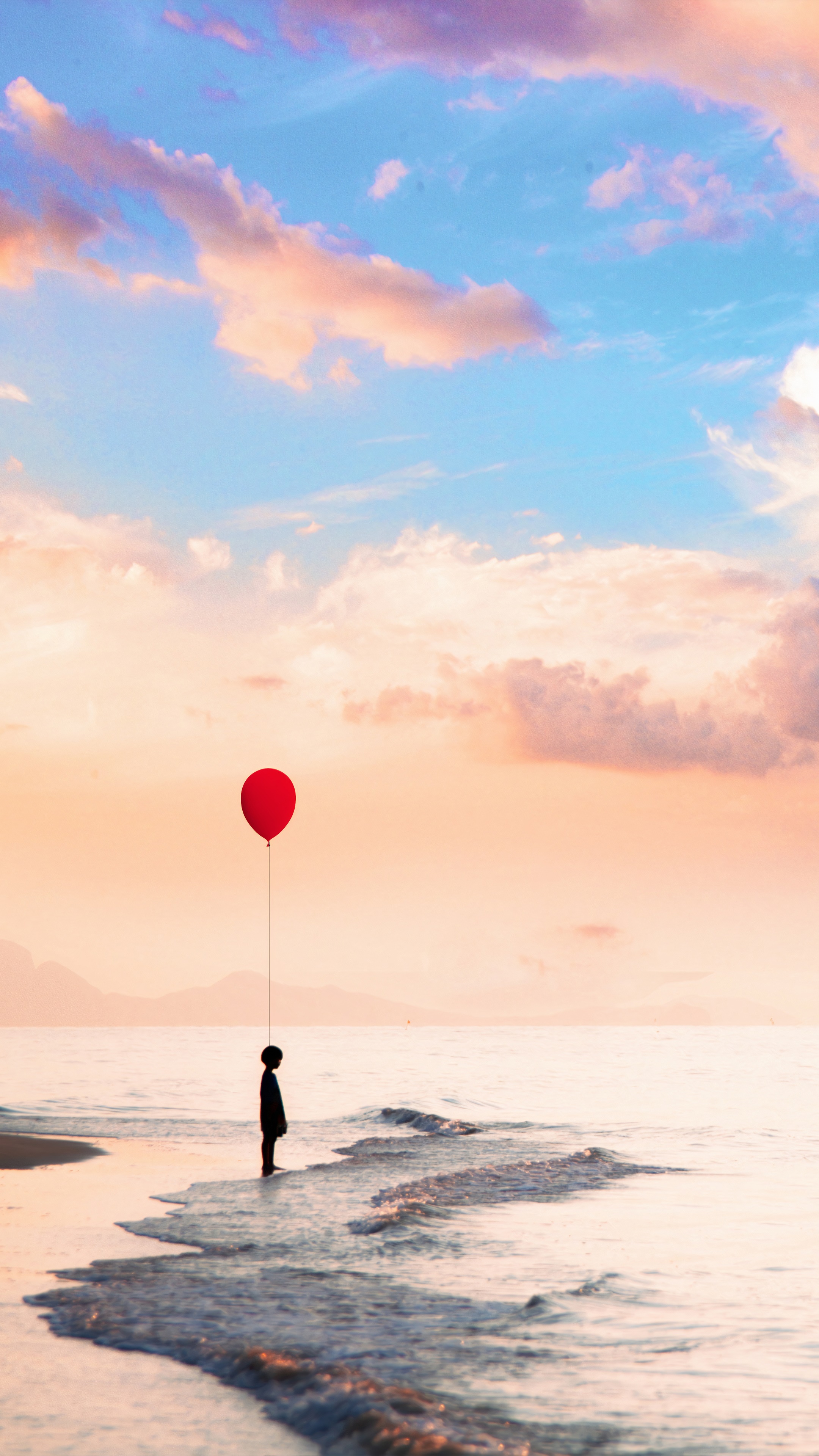 Child holding a red balloon at the beach HD Phone Wallpaper