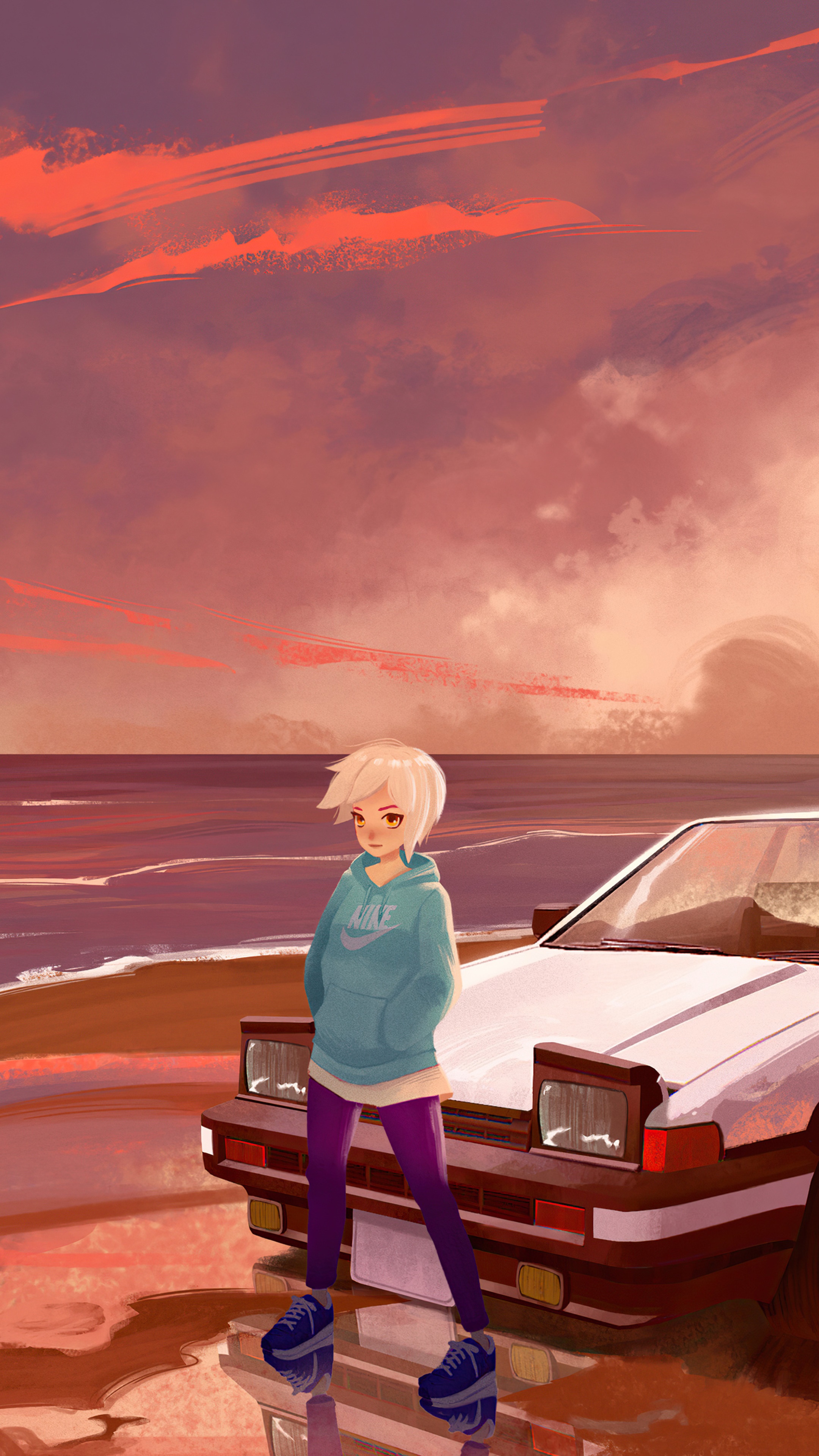 Girl in hoodie by the ocean at sunset HD Phone Wallpaper