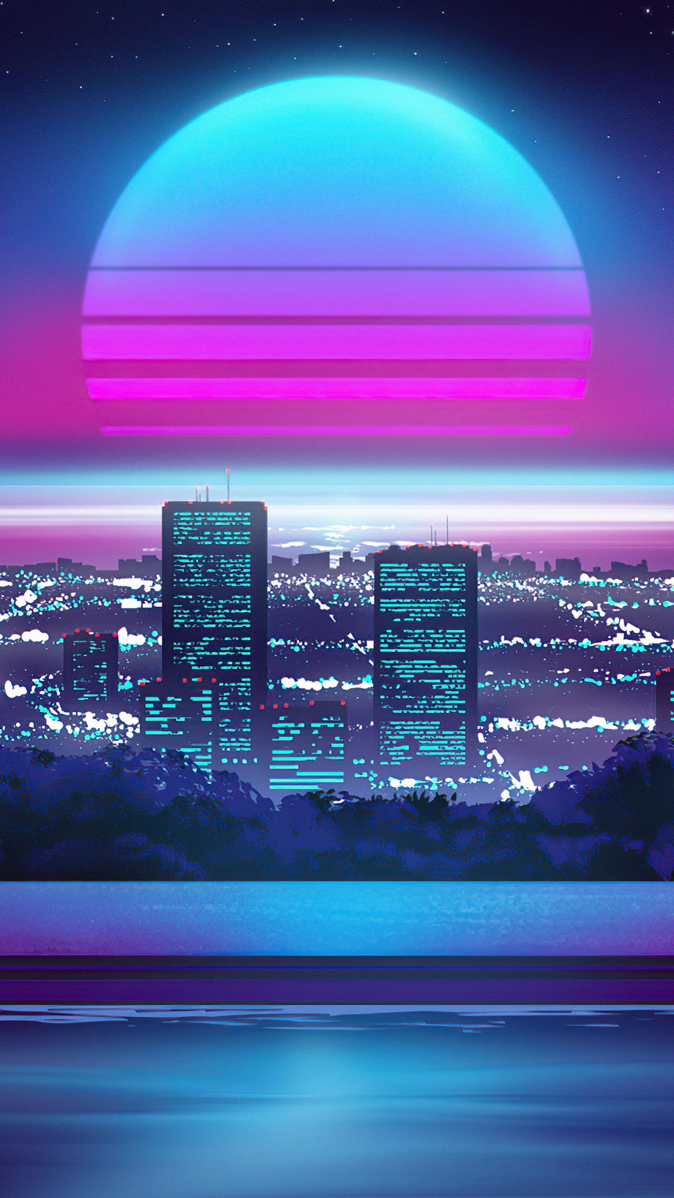 Synthwave cityscape with neon sun and stars HD Phone Wallpaper