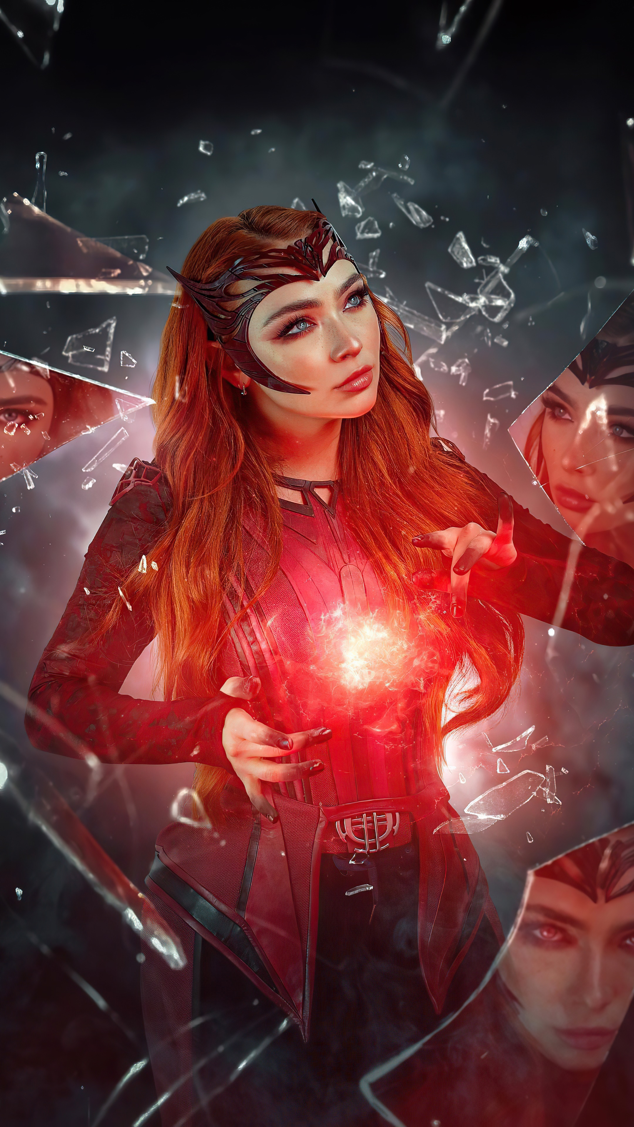 Scarlet Witch cosplay with red energy and broken glass HD Phone Wallpaper