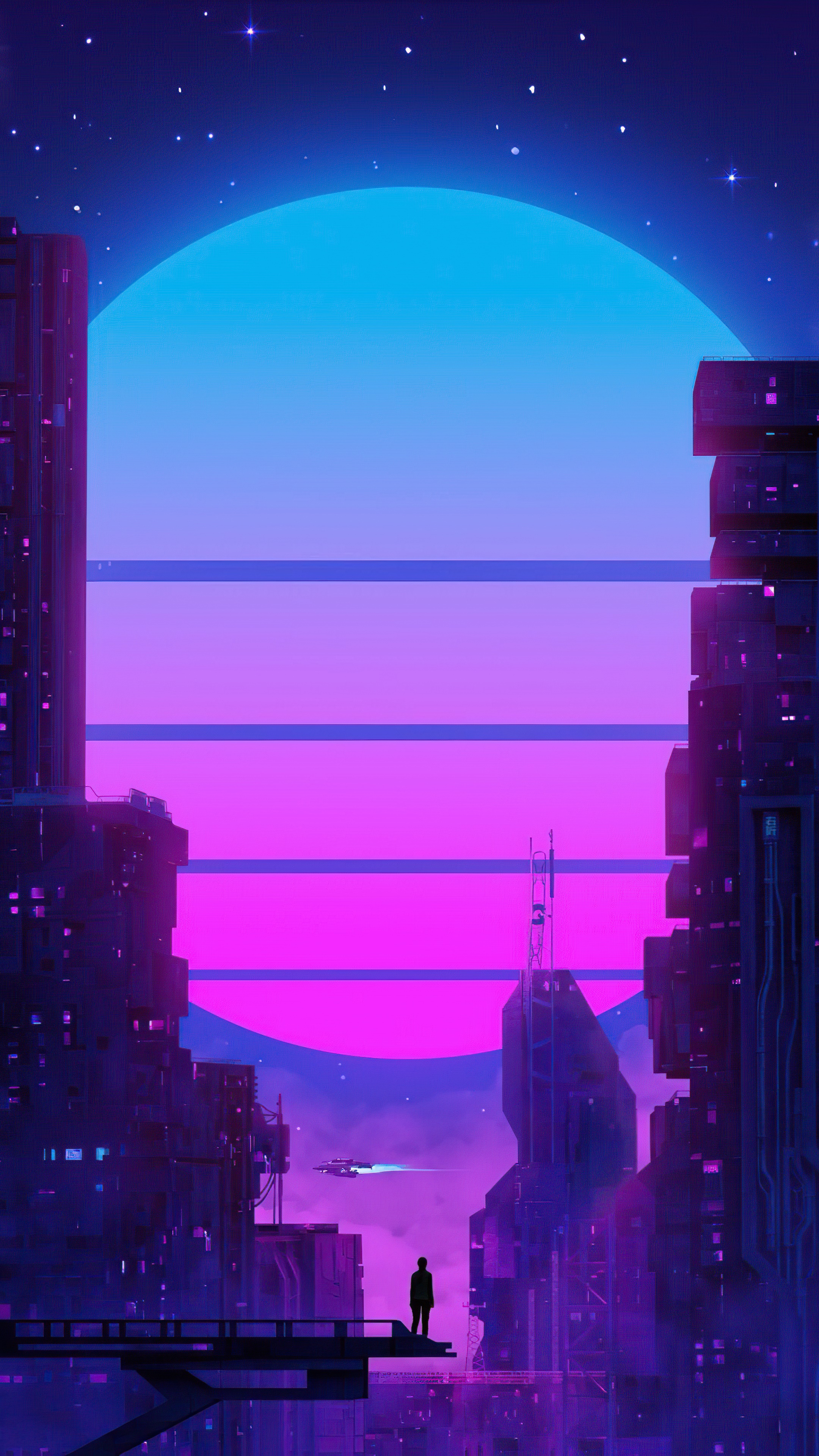 Cyberpunk city with a lone figure and a spaceship HD Phone Wallpaper
