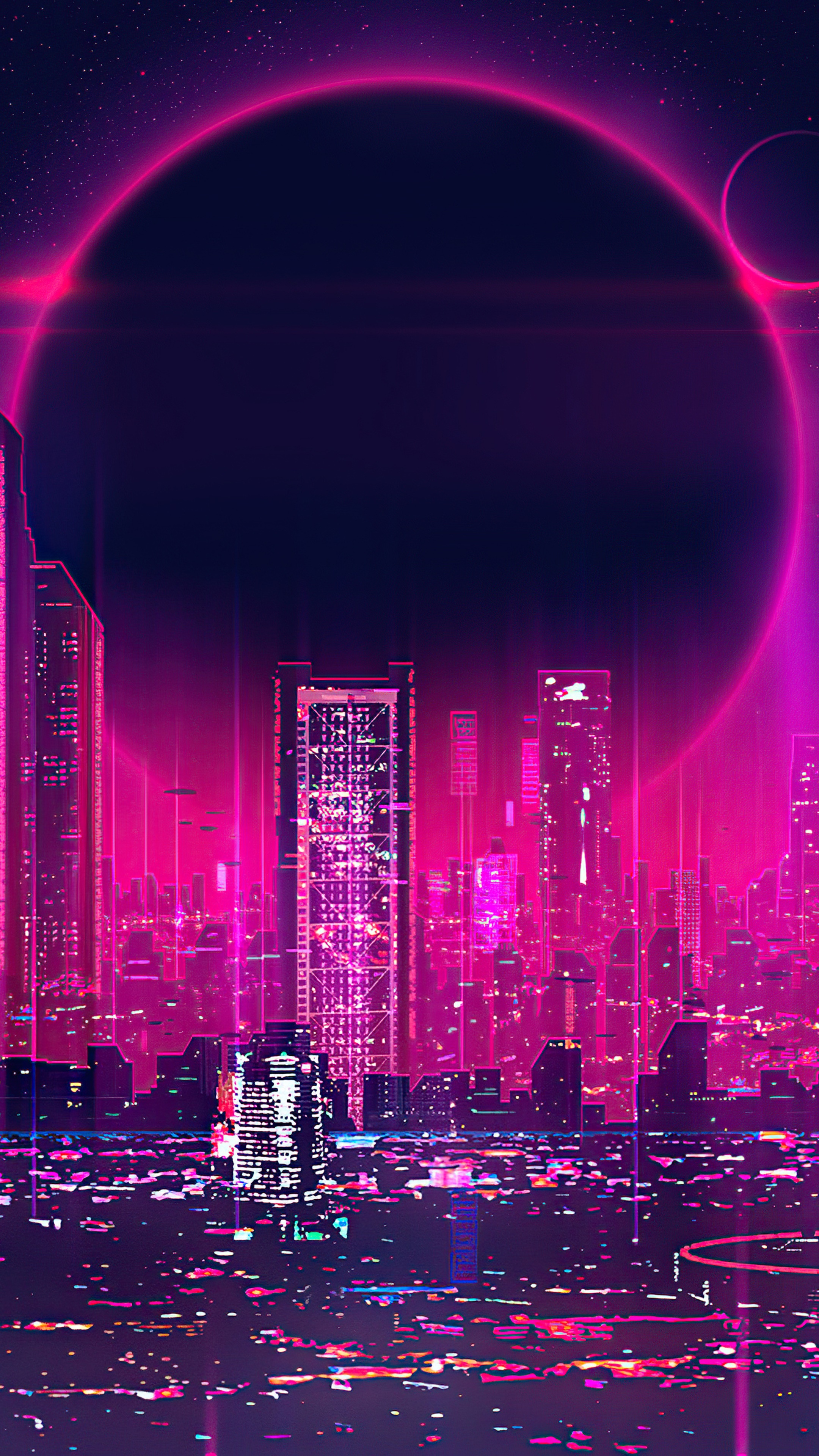 Cyberpunk Cityscape with Neon Ring HD Phone Wallpaper