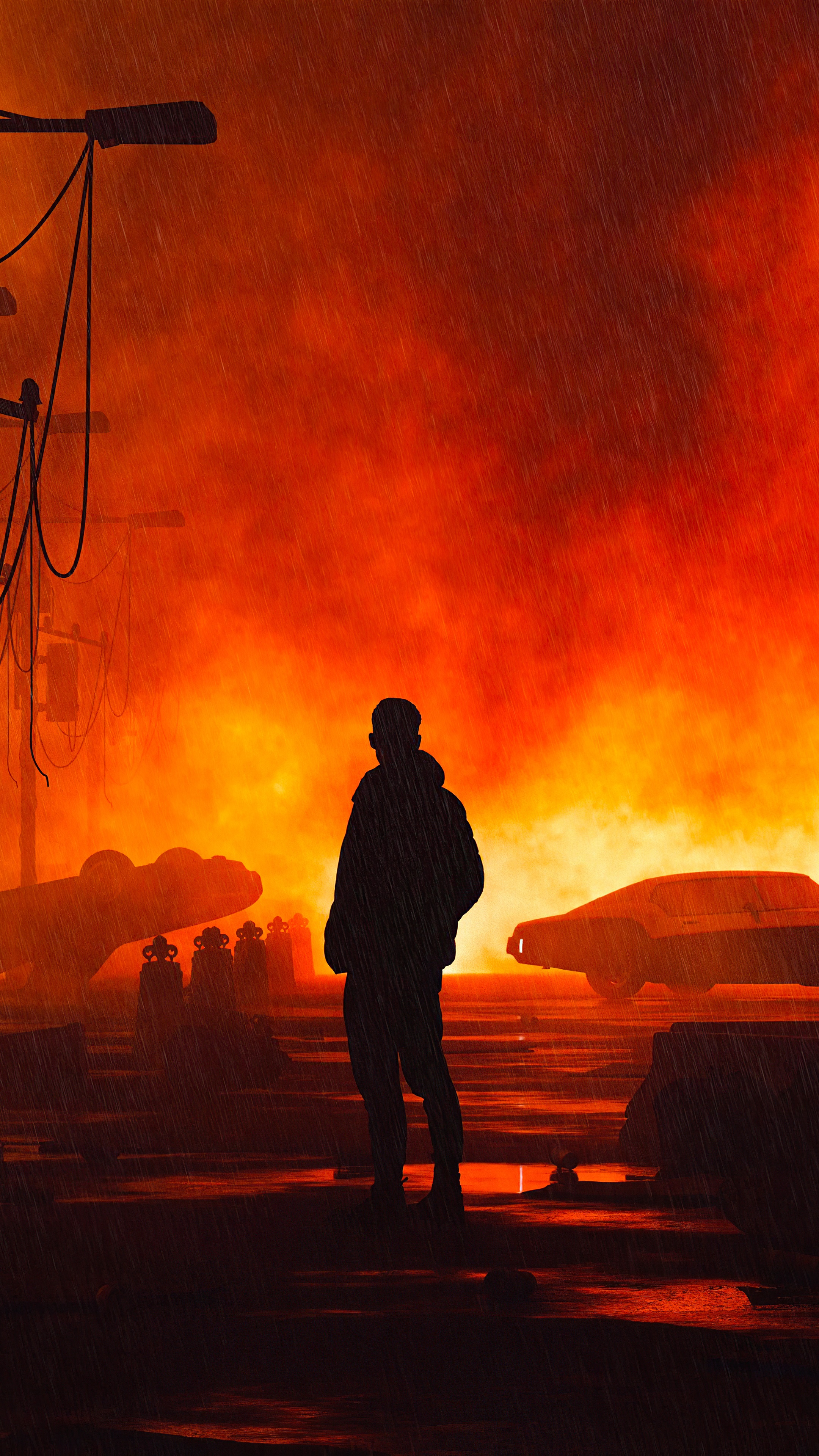 Silhouette of a person in a fiery landscape HD Phone Wallpaper