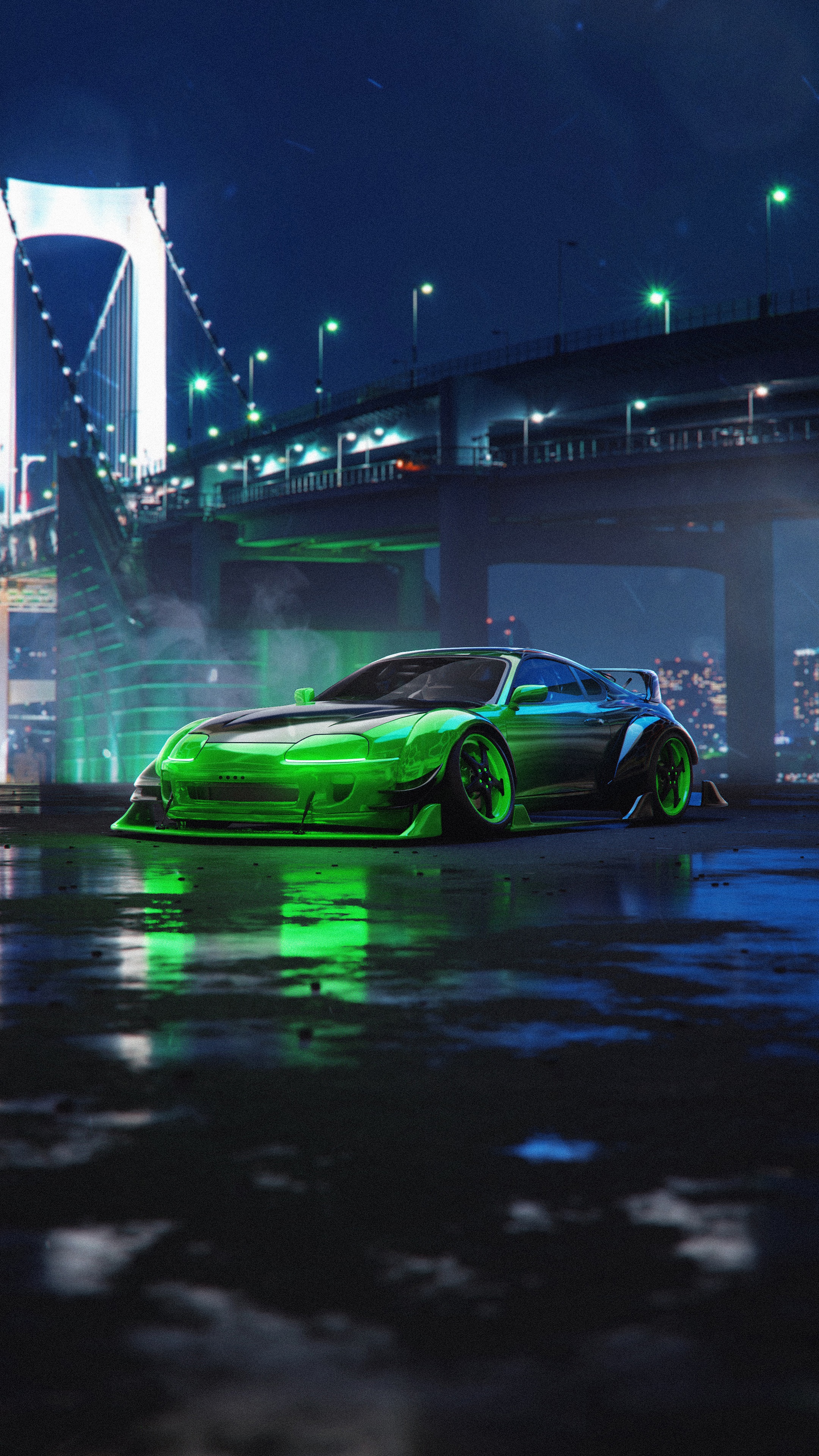 Green modified Toyota Supra on a wet street at night HD Phone Wallpaper