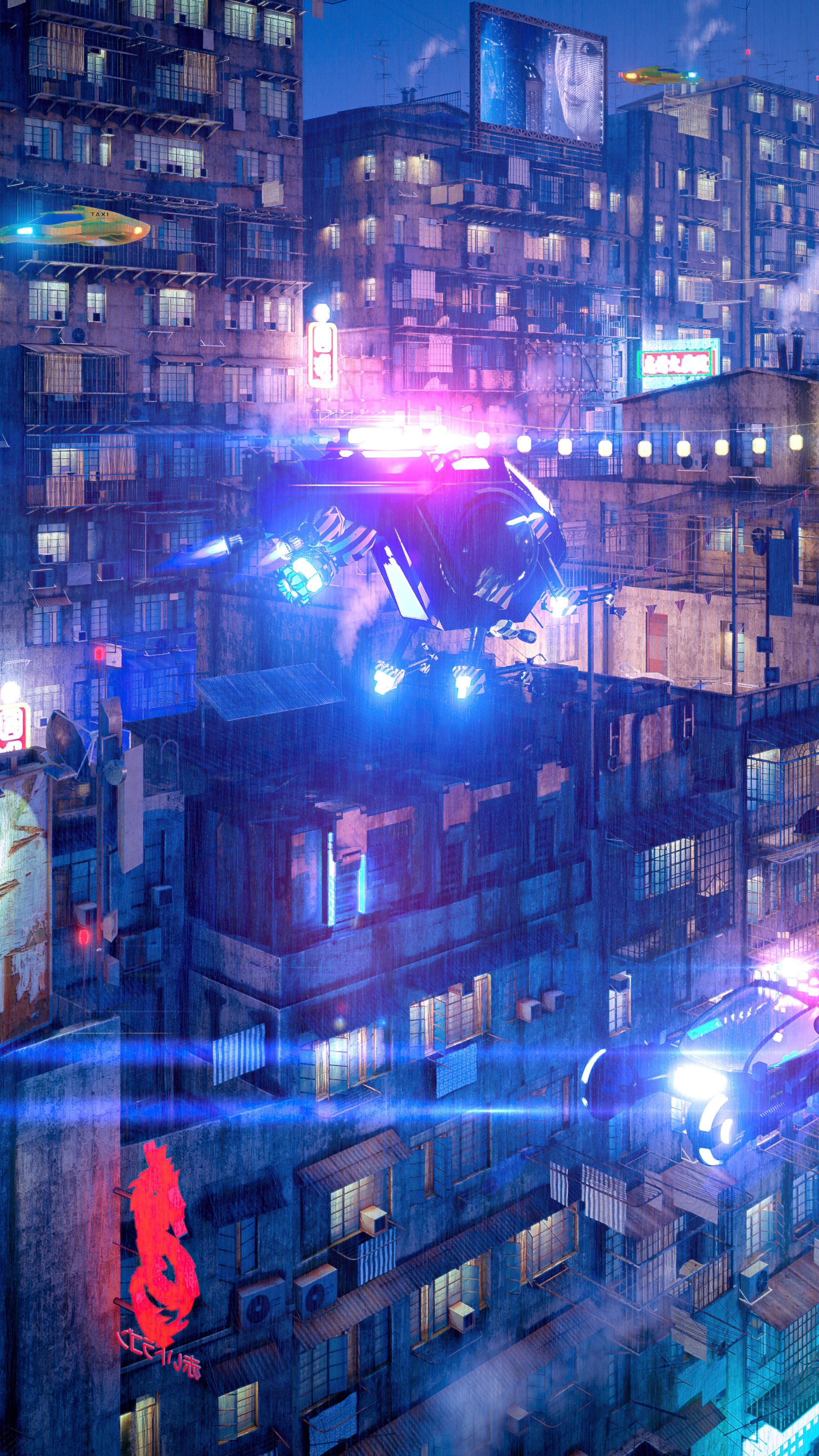 Cyberpunk city with flying vehicles and neon lights HD Phone Wallpaper