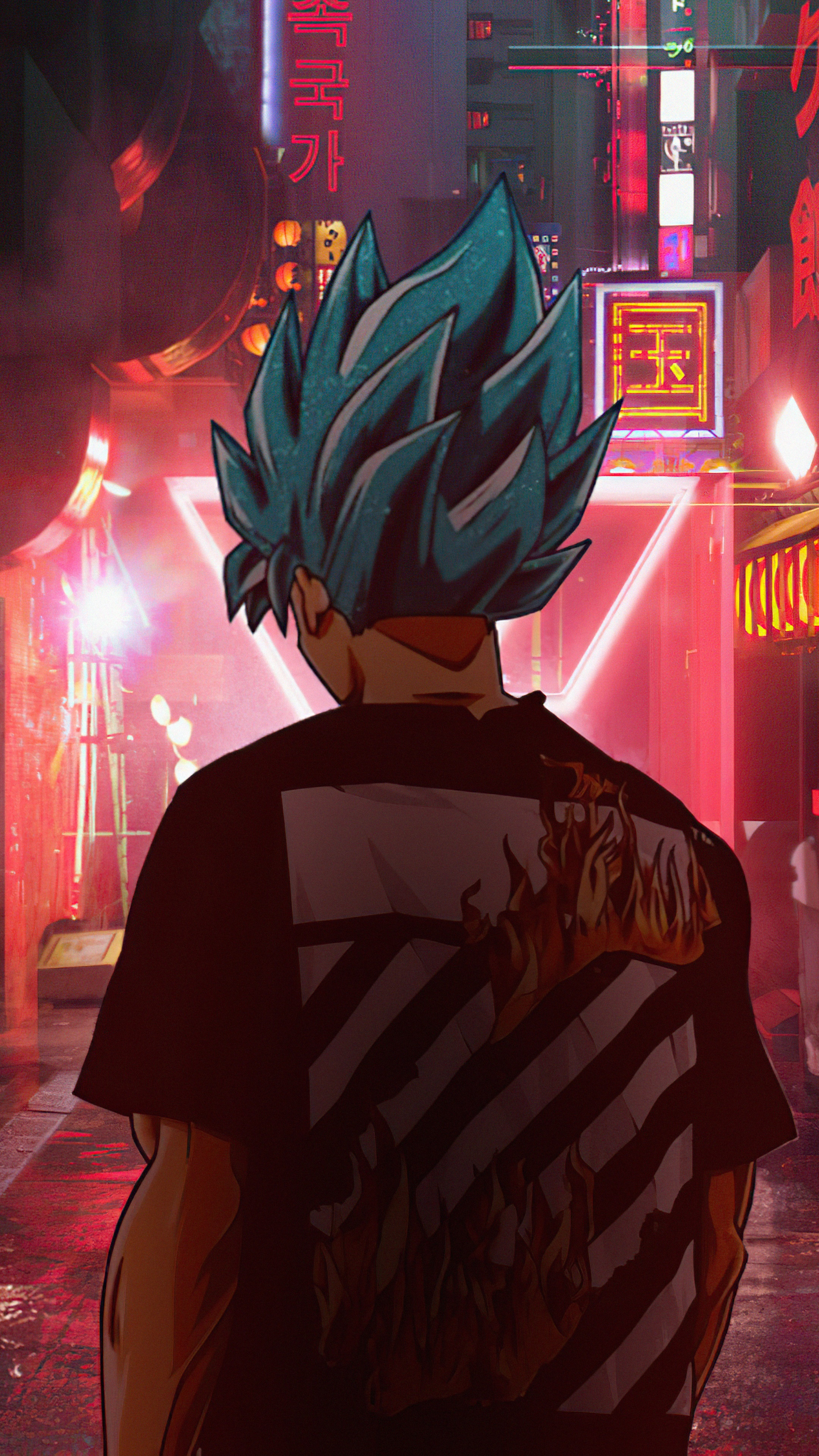 Goku from Dragon Ball in a Neon City HD Phone Wallpaper