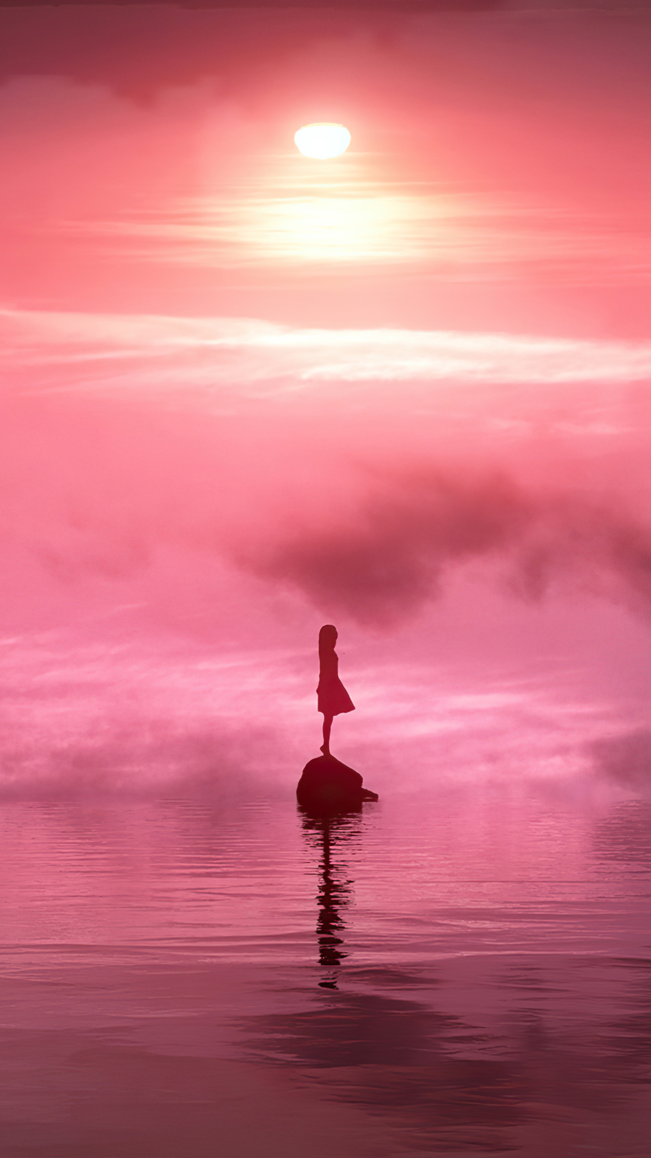 Girl standing on a rock in the water at sunset HD Phone Wallpaper