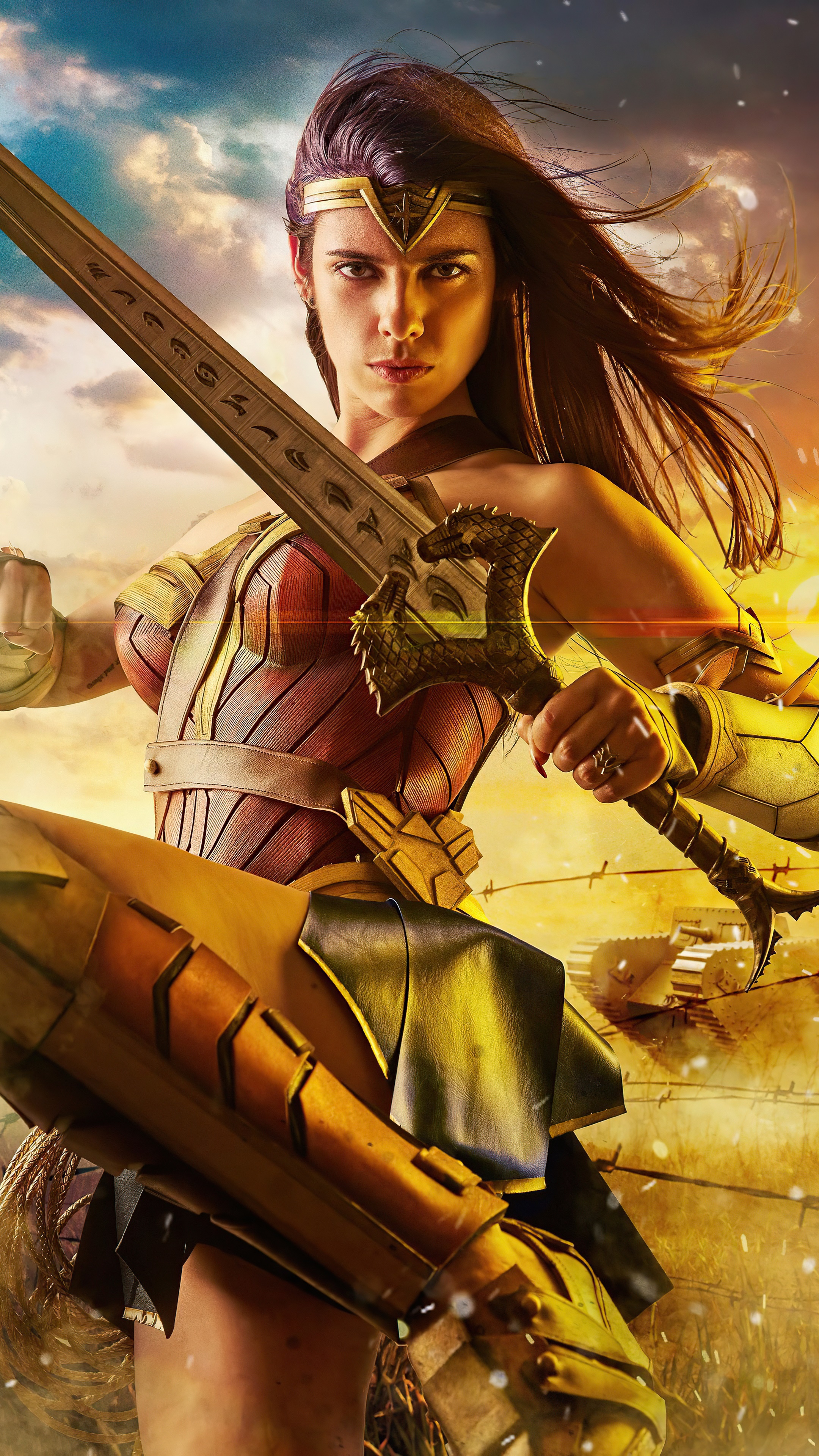 Wonder Woman Cosplay with Sword and Shield 4K HD Phone Wallpaper
