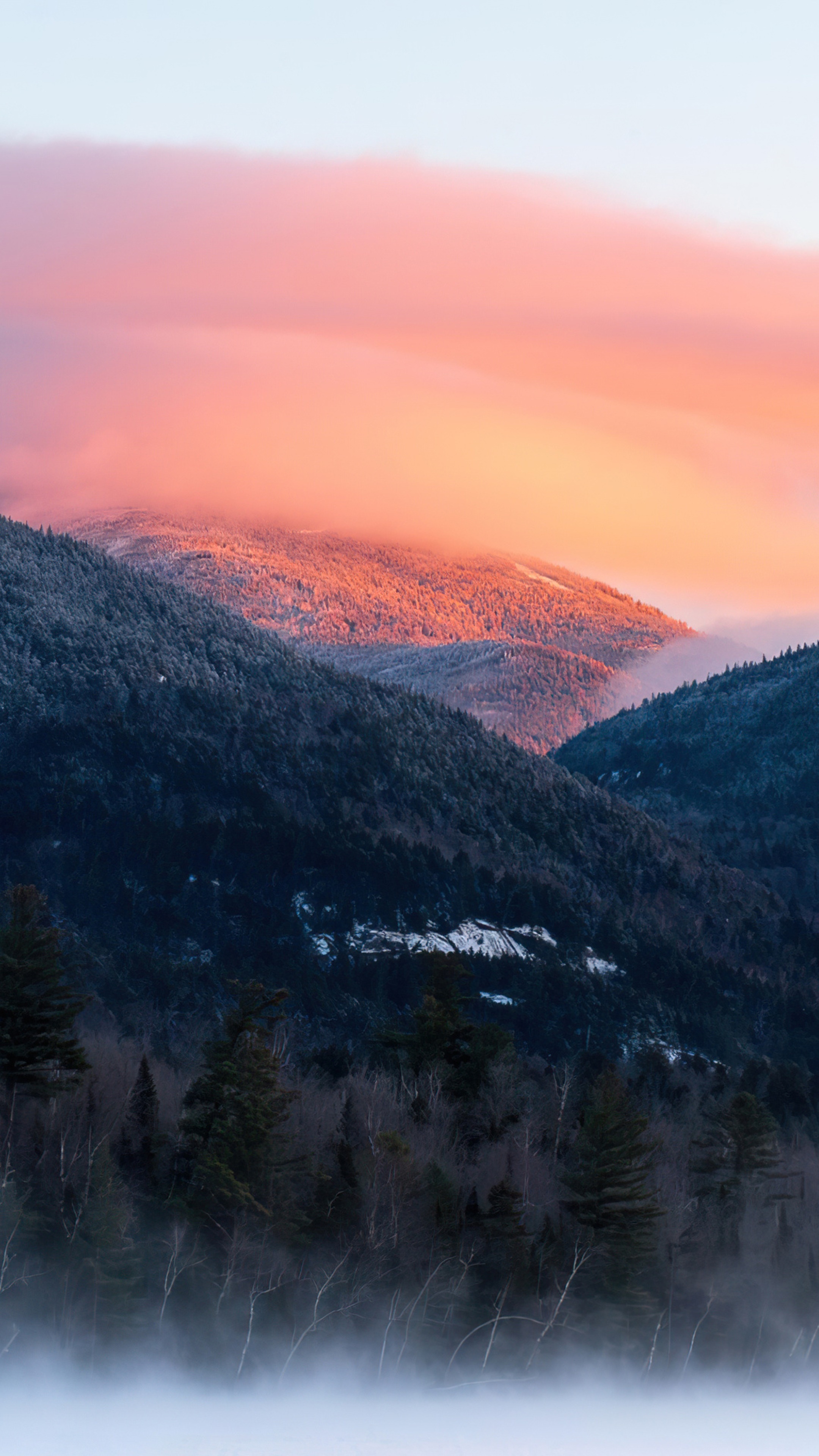 Mountains bathed in morning light with fog HD Phone Wallpaper