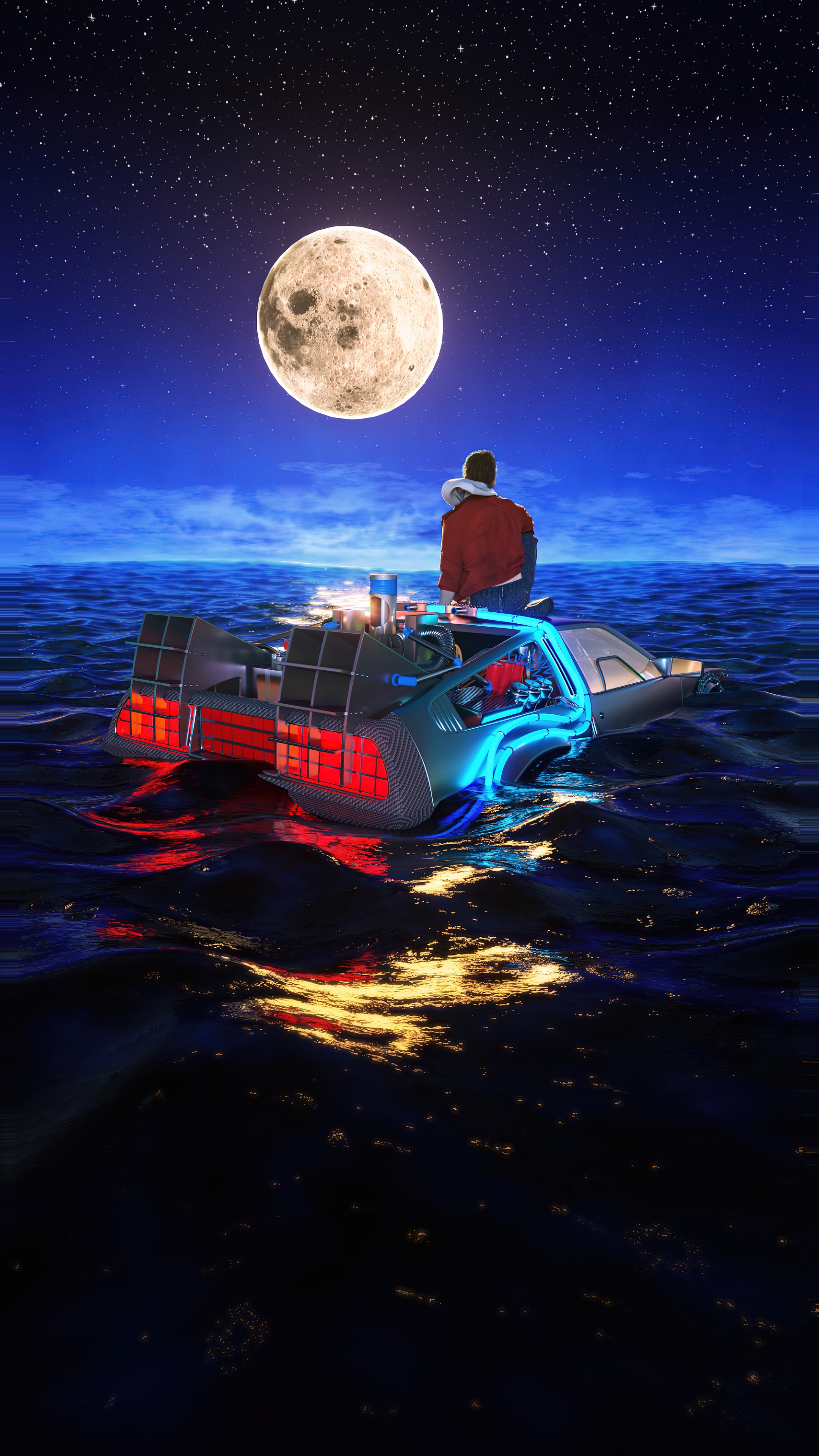 Artwork of a person on a DeLorean in the ocean under the moon HD Phone Wallpaper