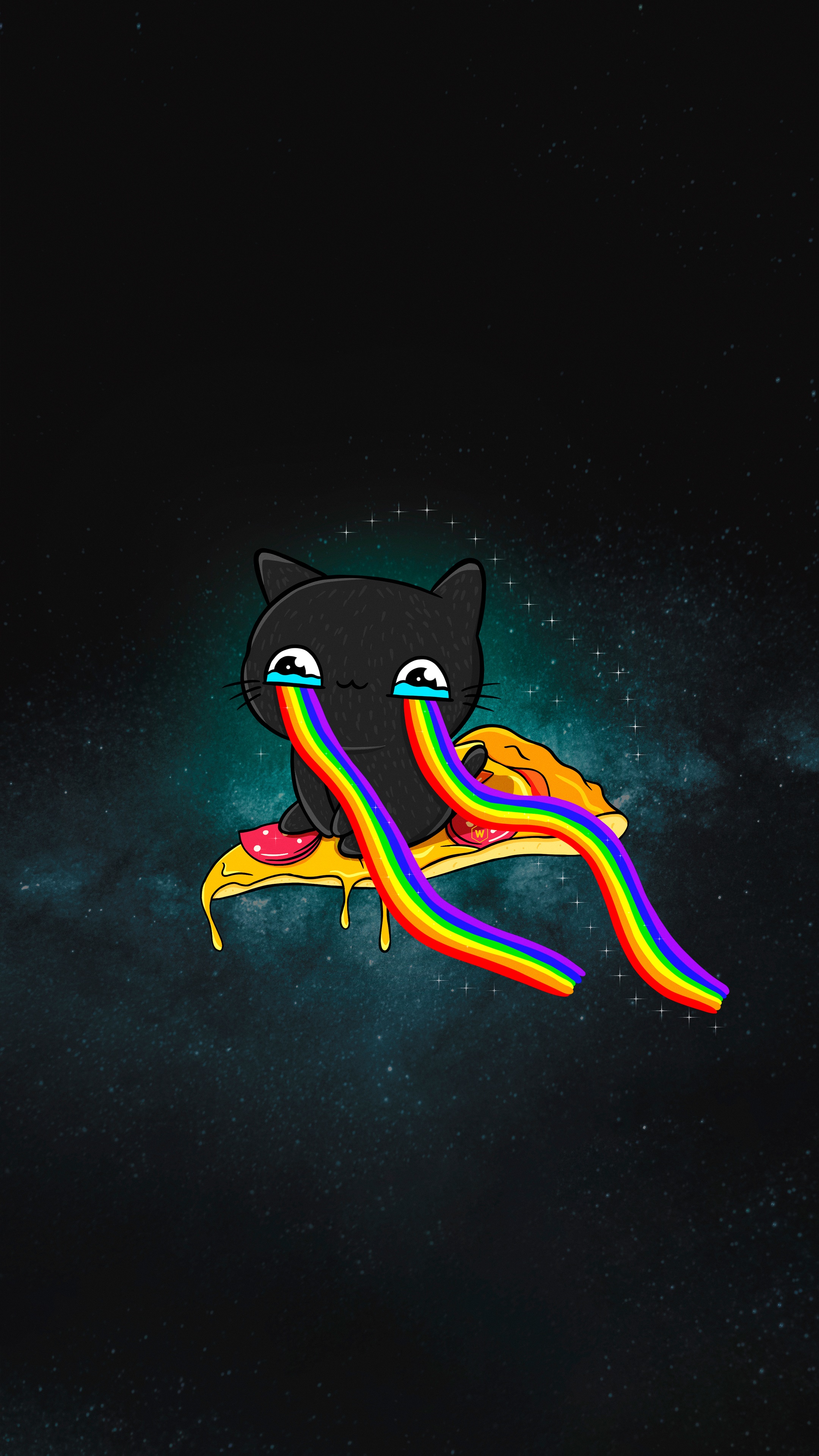 Black cat crying rainbows on pizza 4K HD Phone Wallpaper