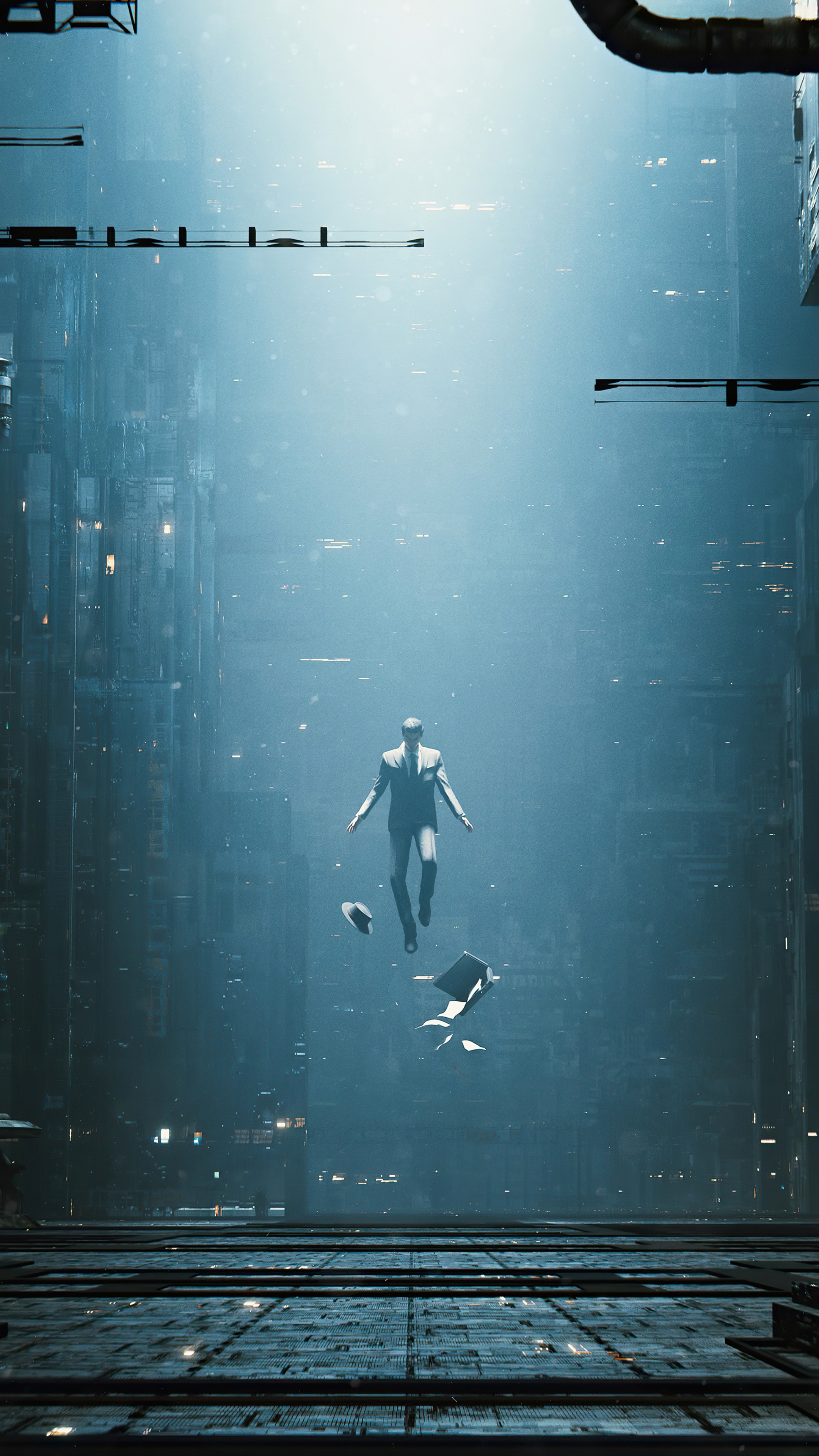 Man in suit floating in futuristic city 4K HD Phone Wallpaper