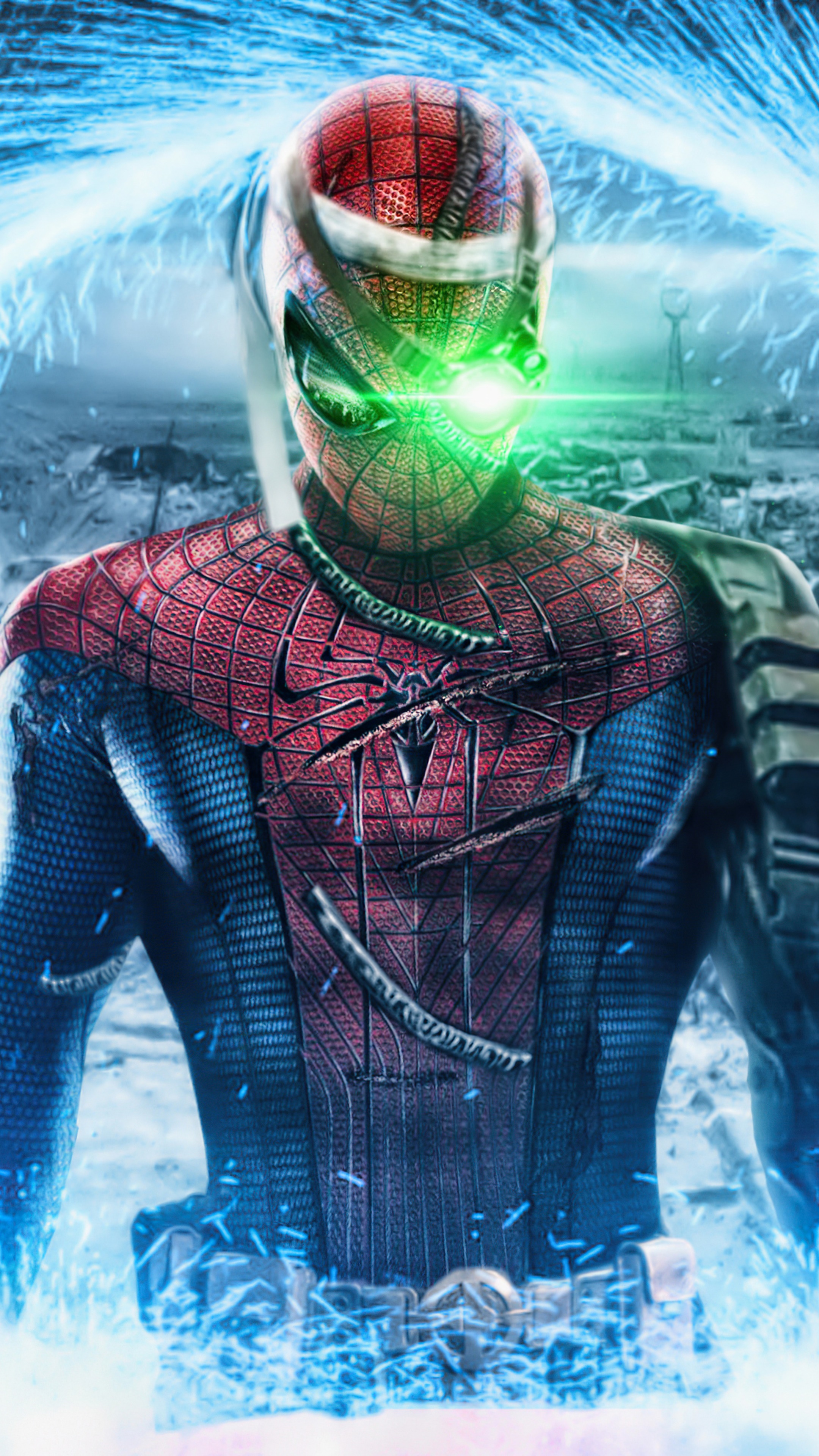 Spider-Man with glowing green eyes and blue energy HD Phone Wallpaper