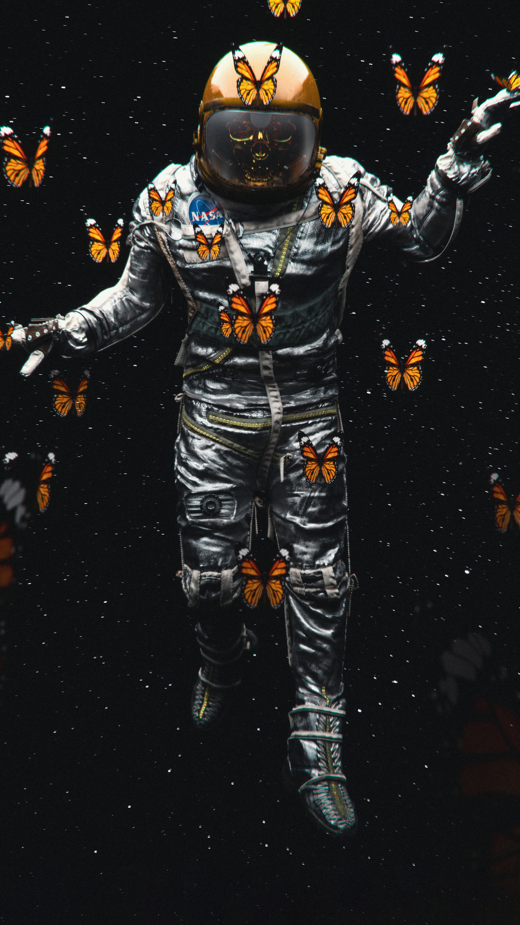 Astronaut surrounded by butterflies in space HD Phone Wallpaper