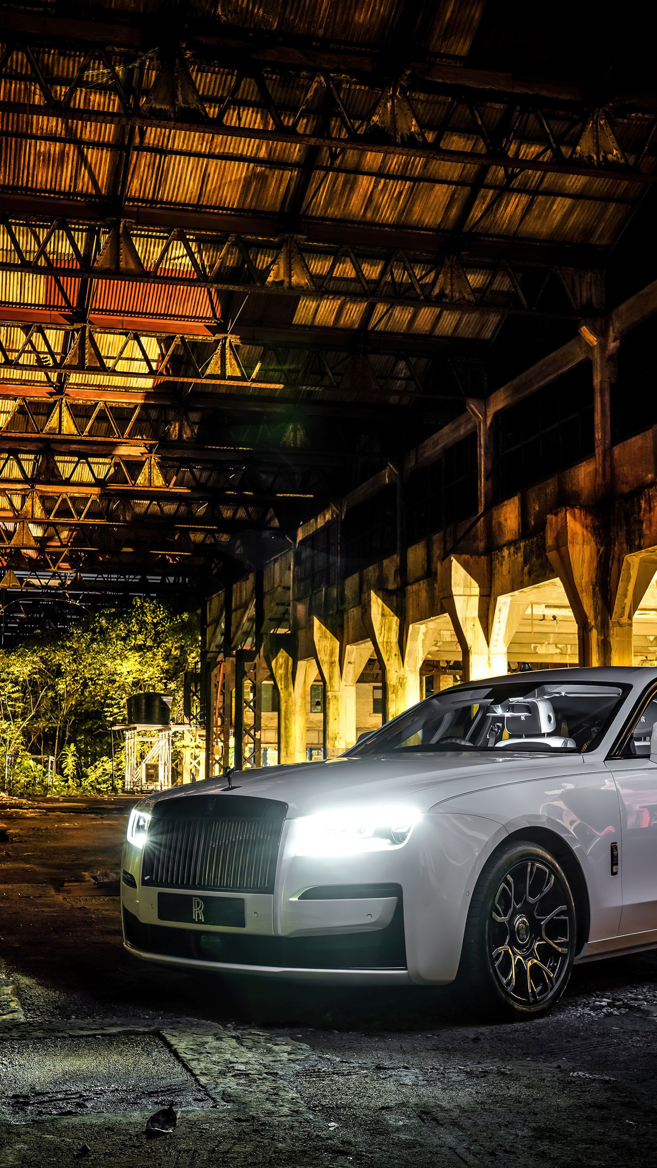 White Rolls-Royce Ghost in abandoned industrial building HD Phone Wallpaper