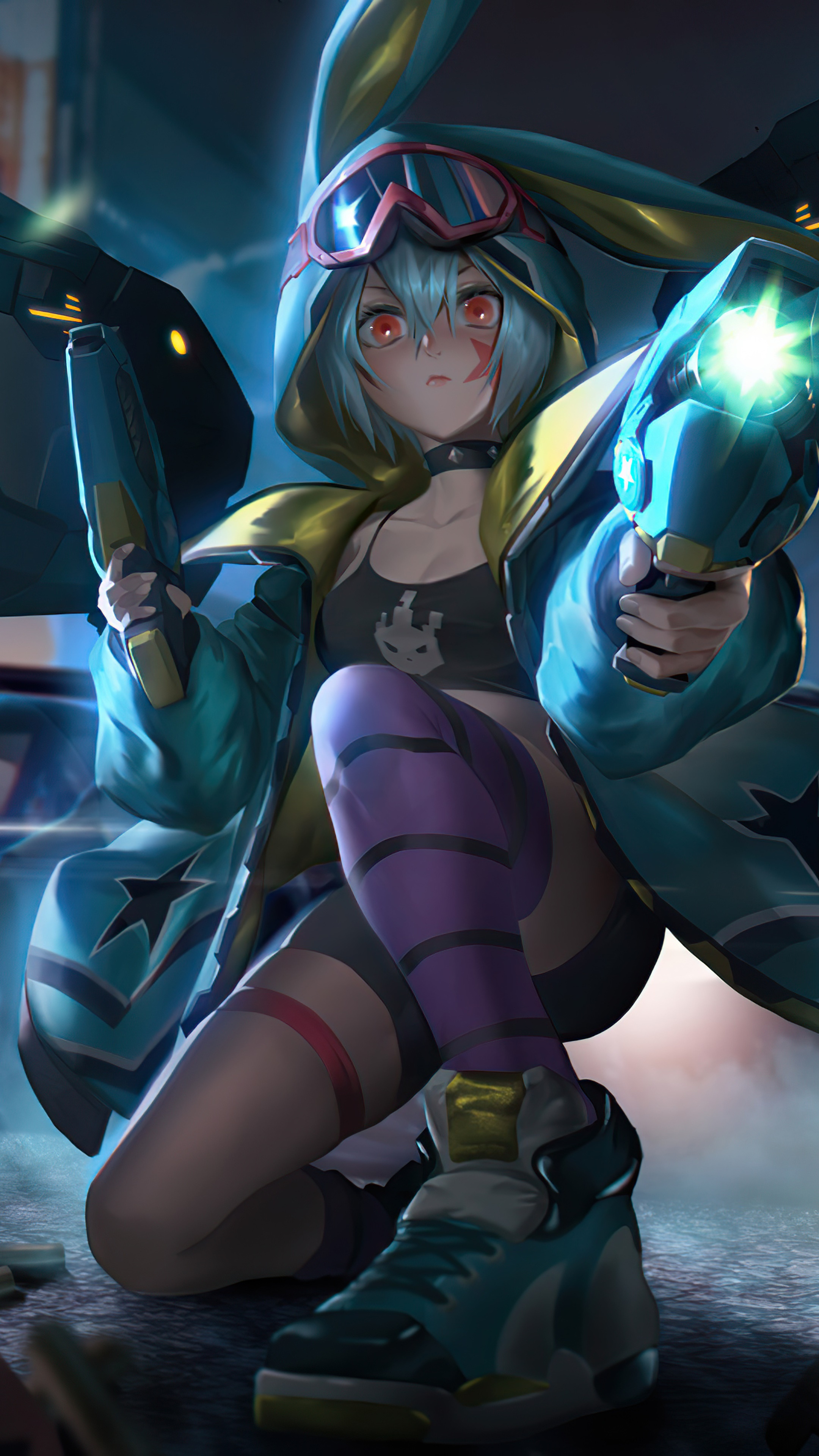Anime girl with bunny ears holding guns HD Phone Wallpaper