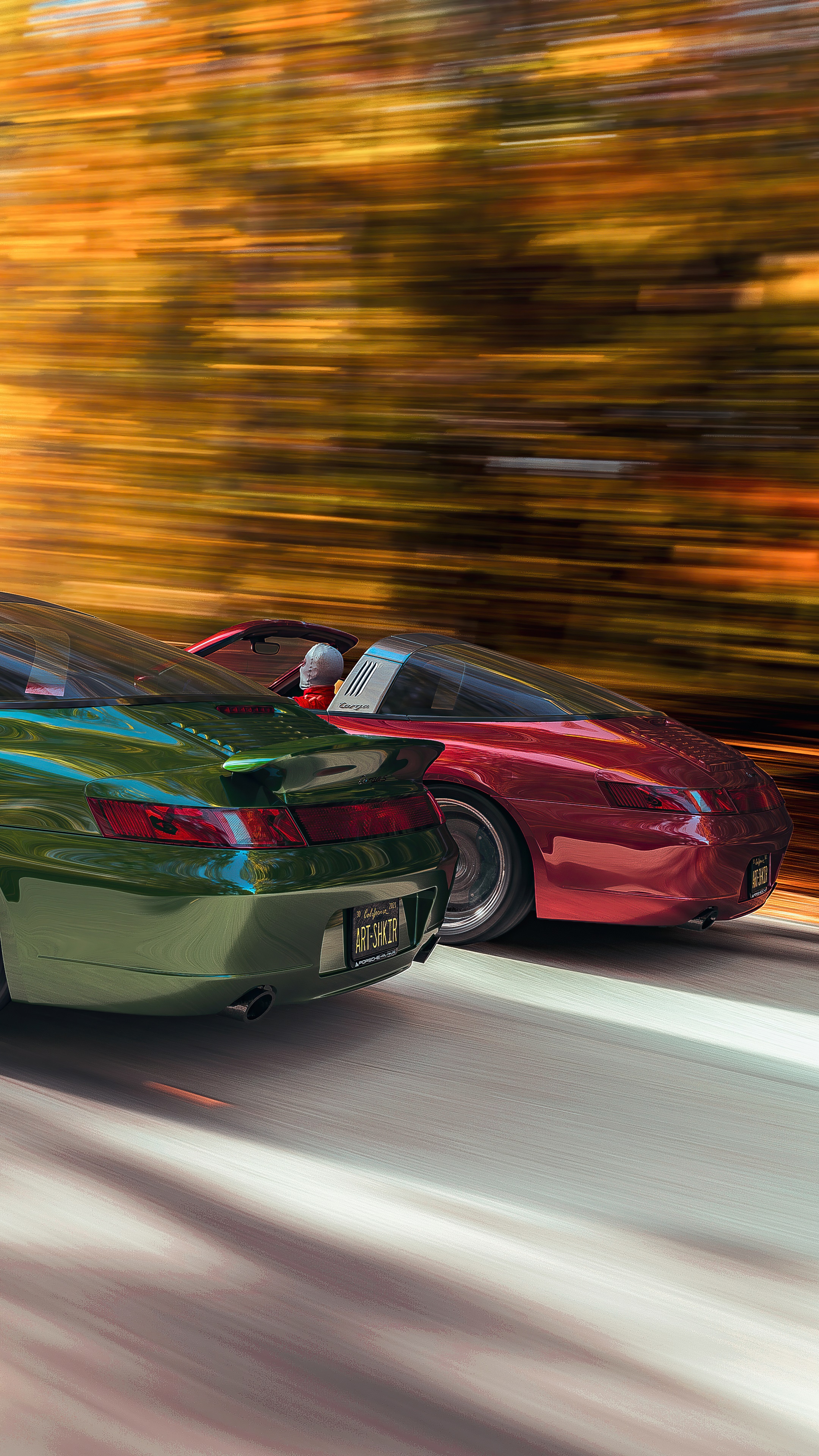 Two Porsche cars racing on a road HD Phone Wallpaper