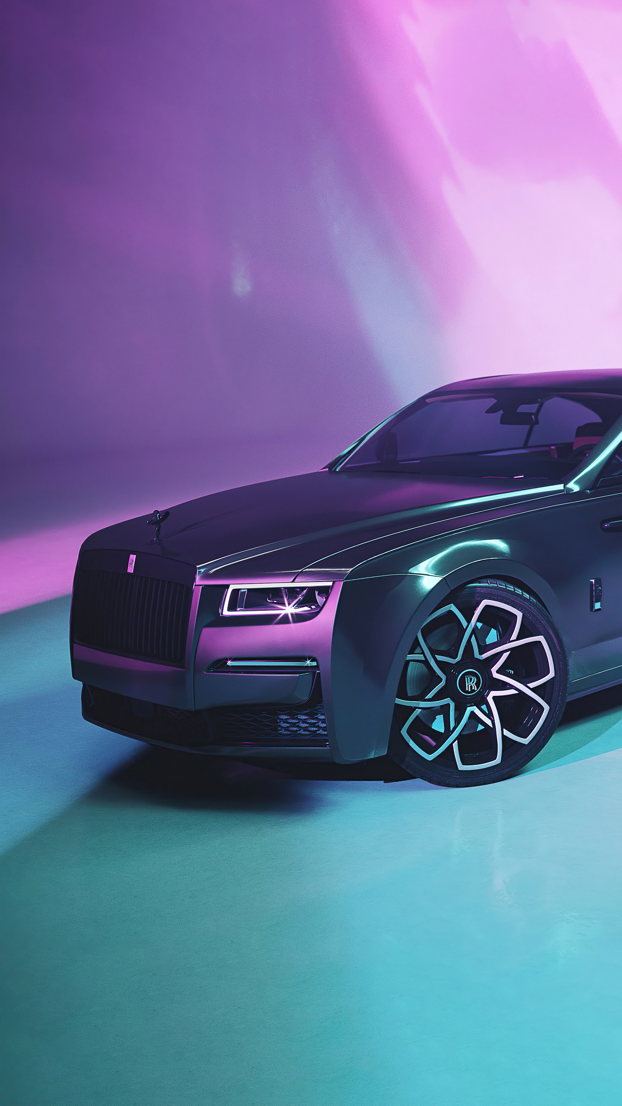 Rolls-Royce Wraith car with purple and teal lighting HD Phone Wallpaper
