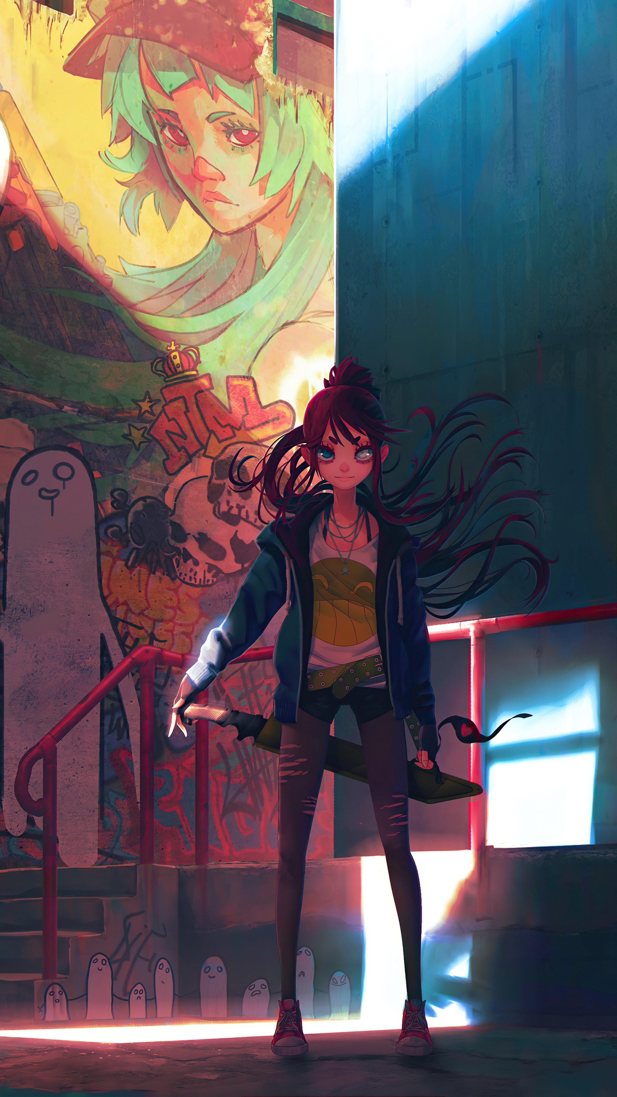 Girl with sword in front of graffiti wall HD Phone Wallpaper