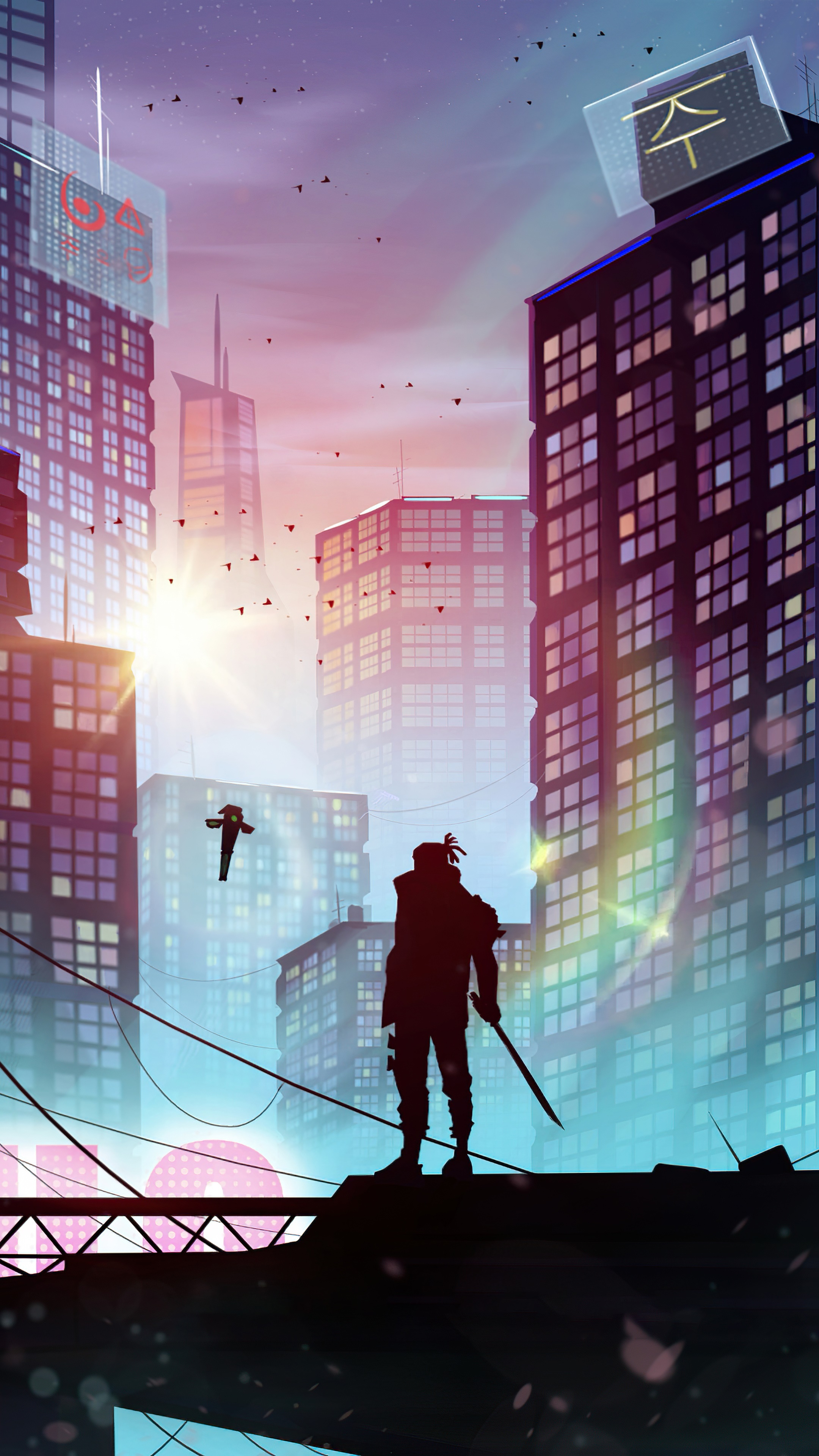 Warrior with sword in futuristic city at sunset HD Phone Wallpaper