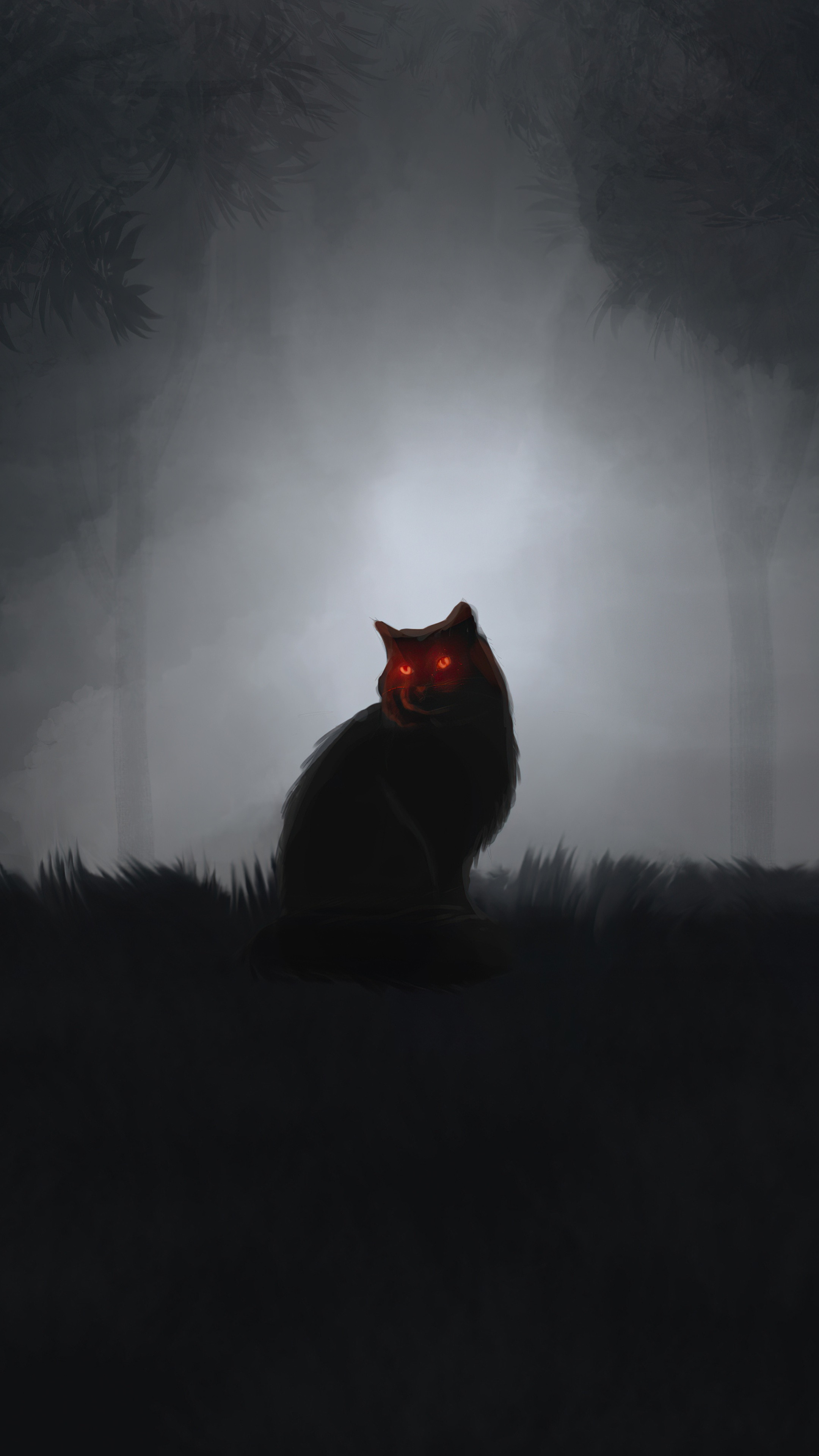 Black cat with glowing red eyes in a dark forest HD Phone Wallpaper