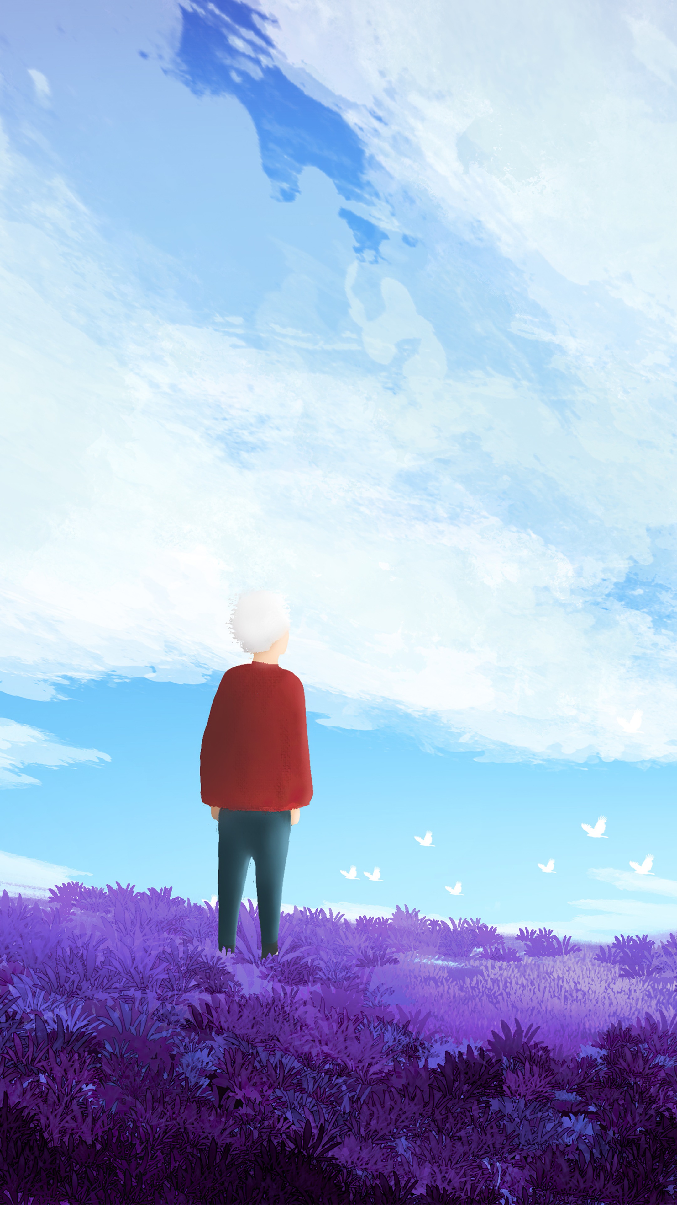 Person standing in a field of purple flowers under a cloudy sky HD Phone Wallpaper