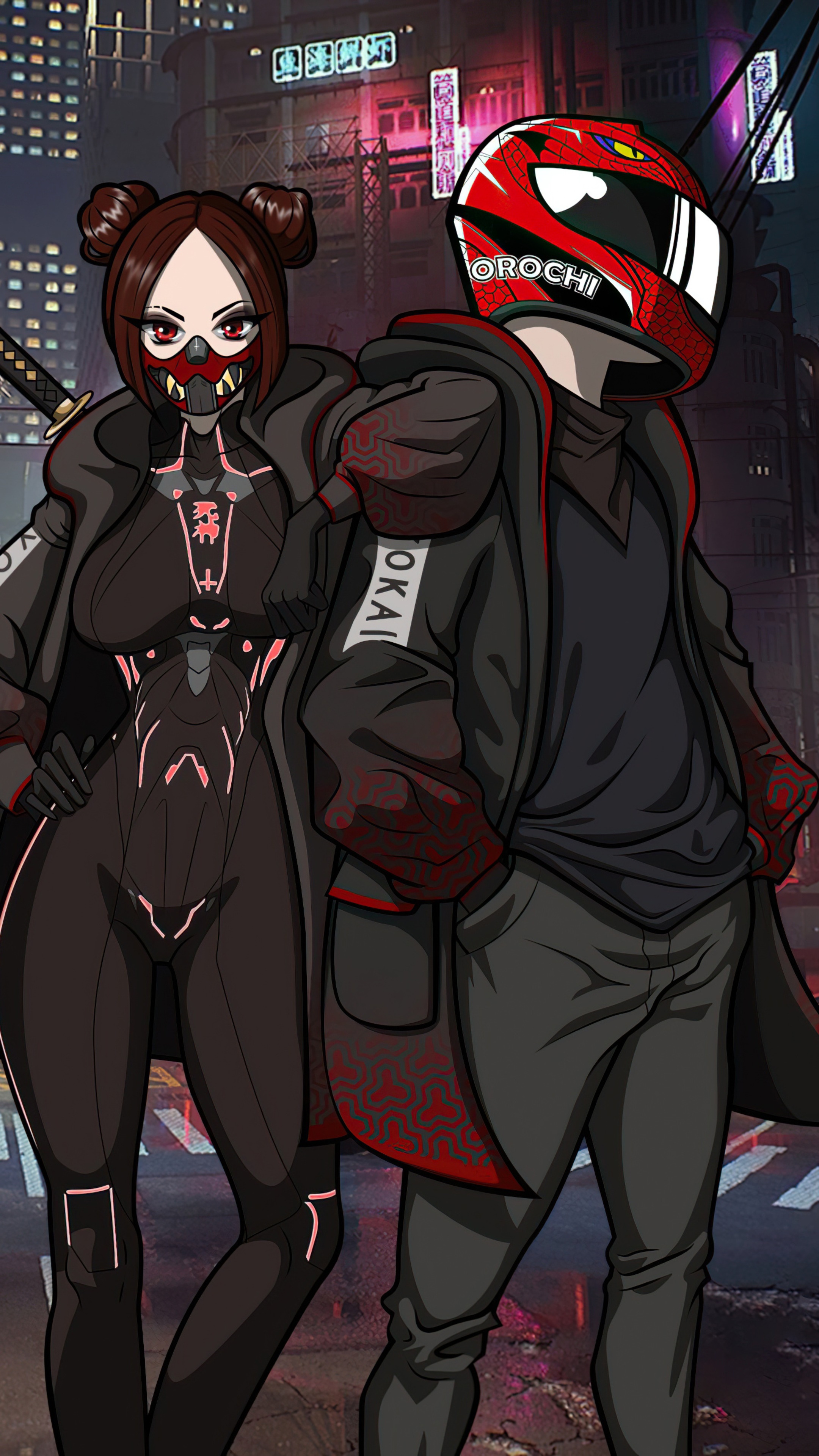 Cyberpunk couple with katana and motorcycle helmet HD Phone Wallpaper