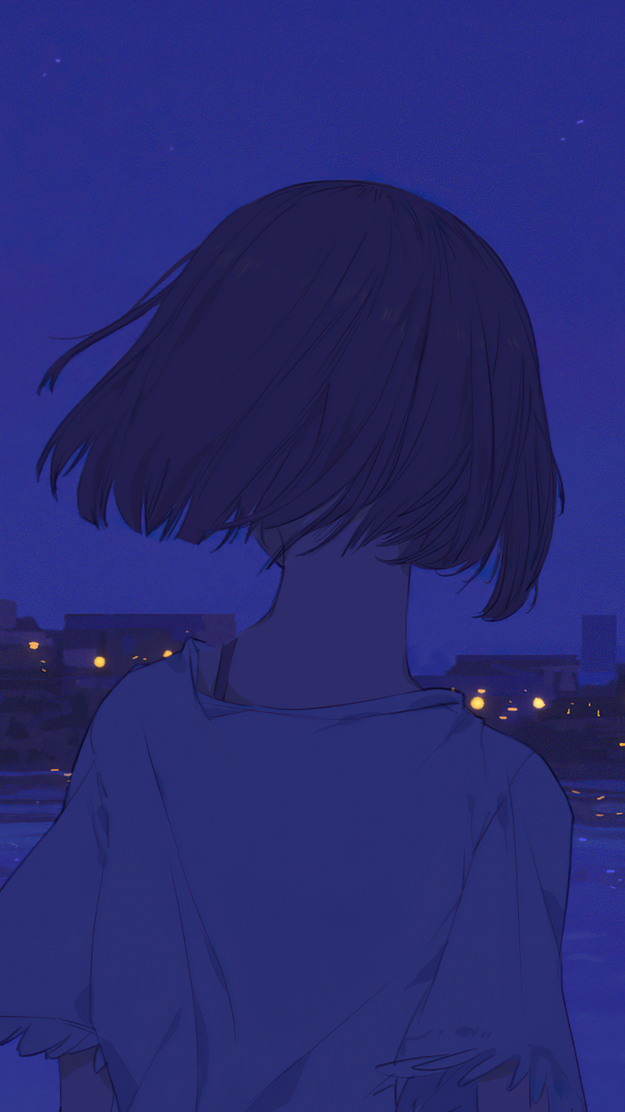 Anime girl looking at city lights at night HD Phone Wallpaper