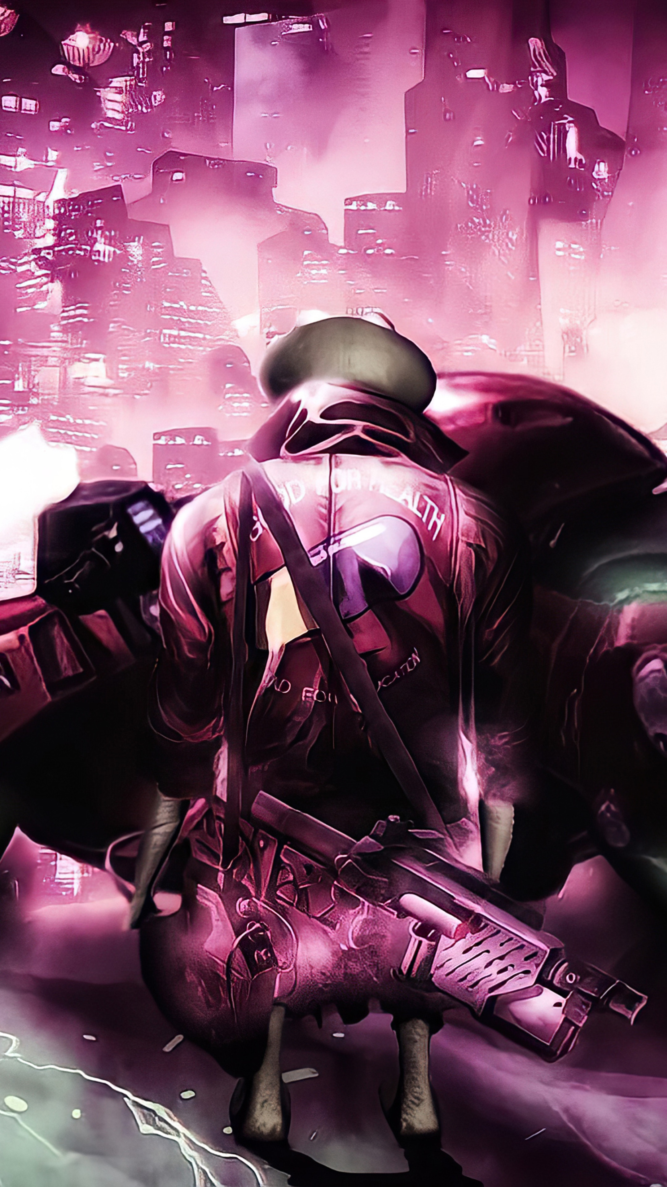 Cyberpunk character with weapon in neon city HD Phone Wallpaper