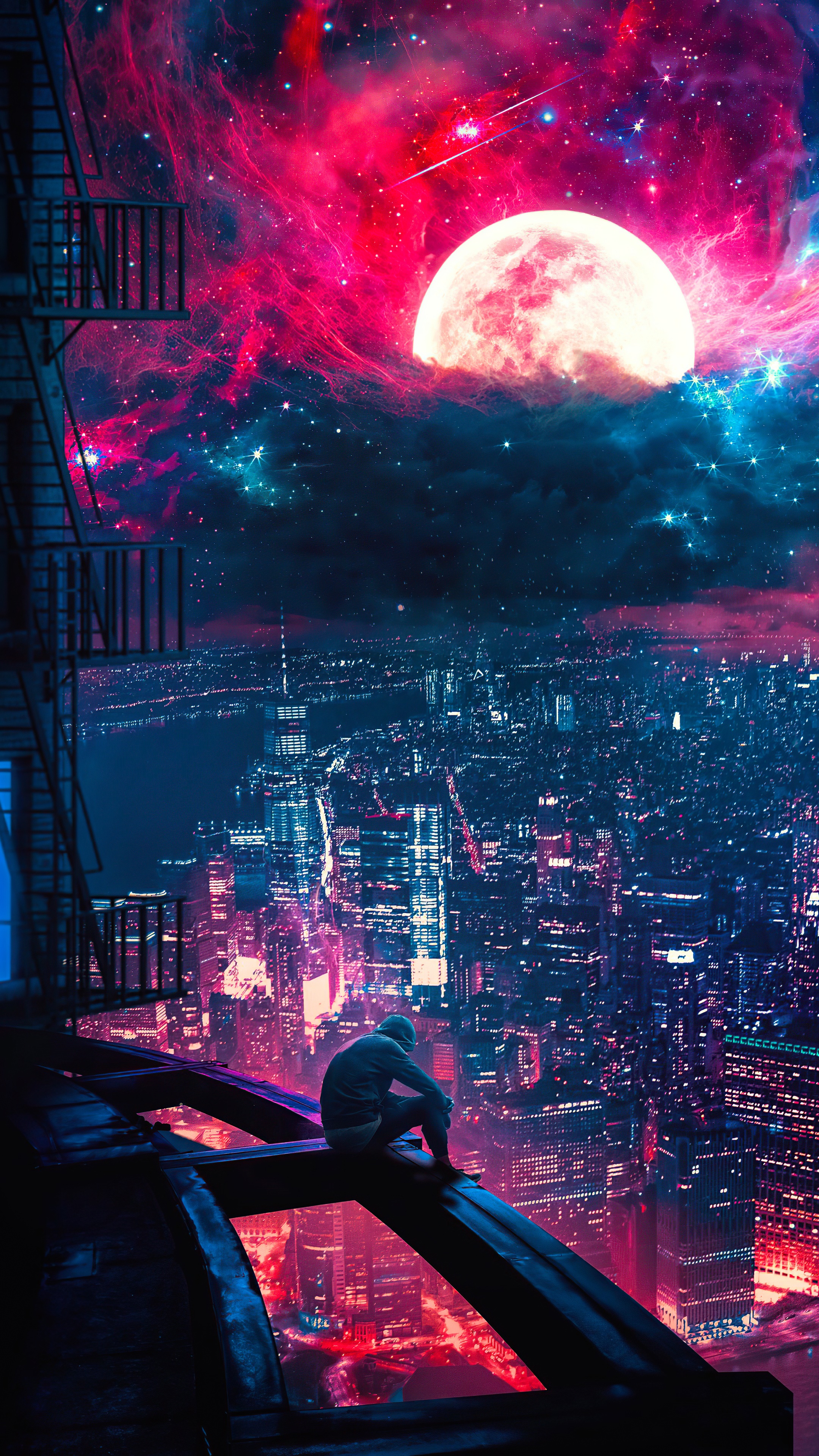 Man in hoodie on rooftop overlooking city under nebula HD Phone Wallpaper