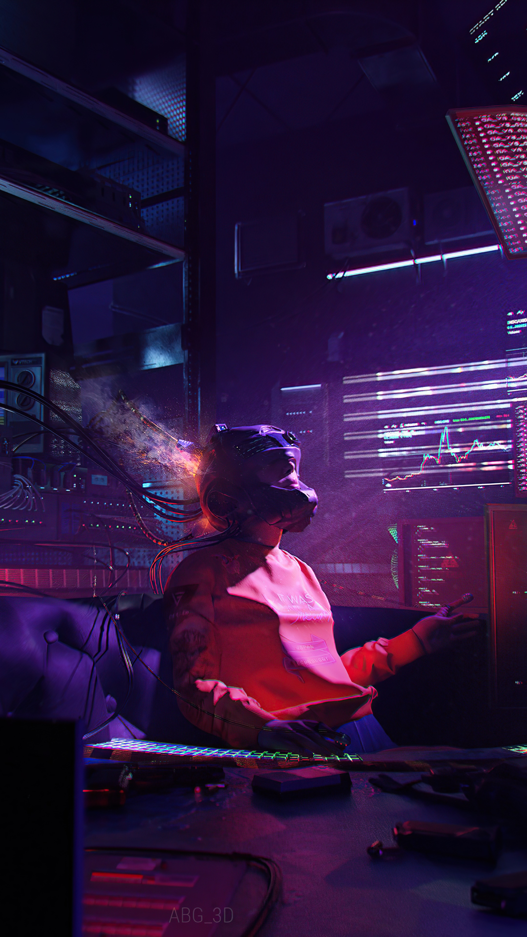 Person in VR headset in a dark room with monitors HD Phone Wallpaper