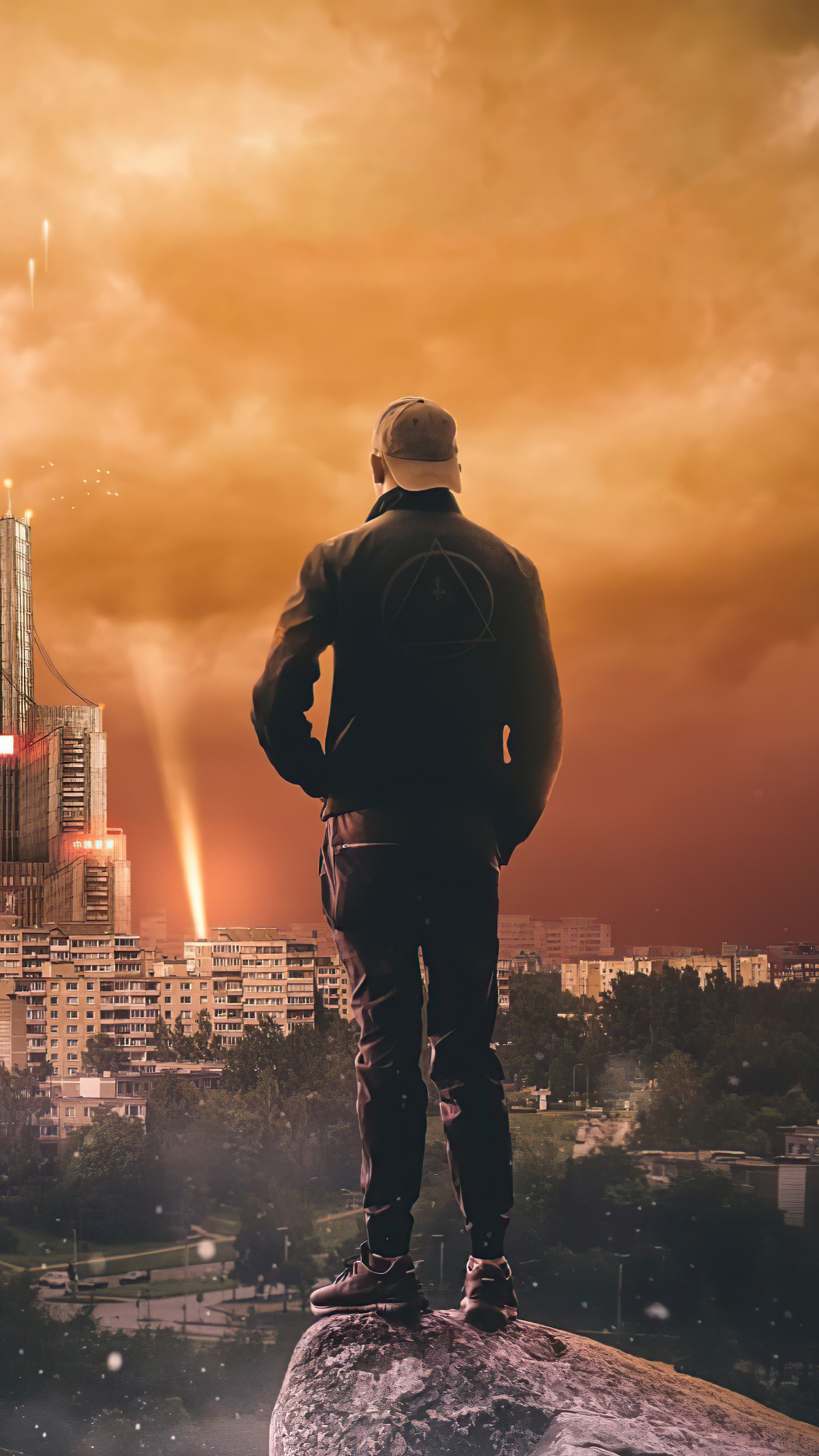 Man in a cap looking at a futuristic city HD Phone Wallpaper