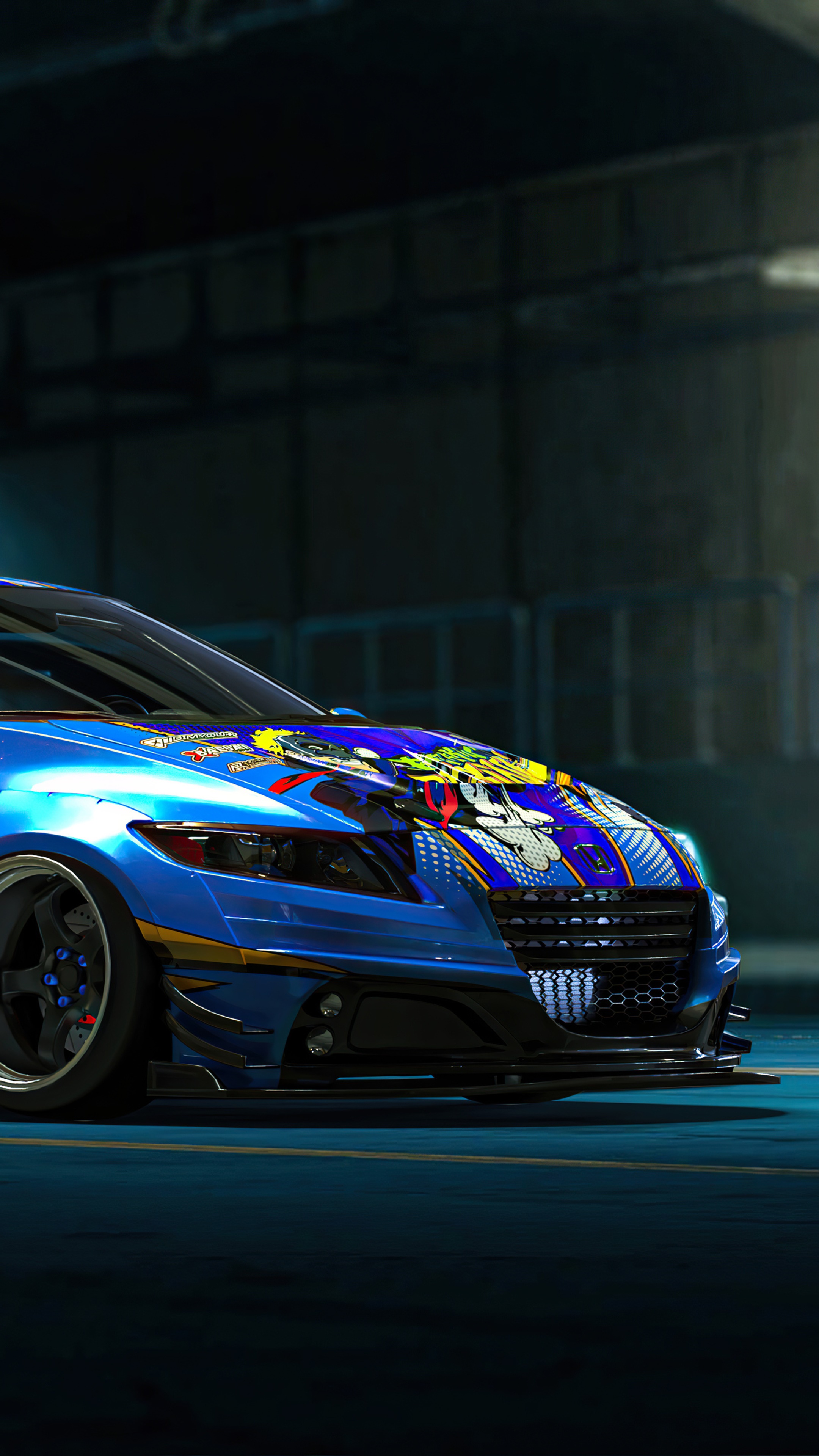 Blue Honda CR-Z with custom graphics HD Phone Wallpaper