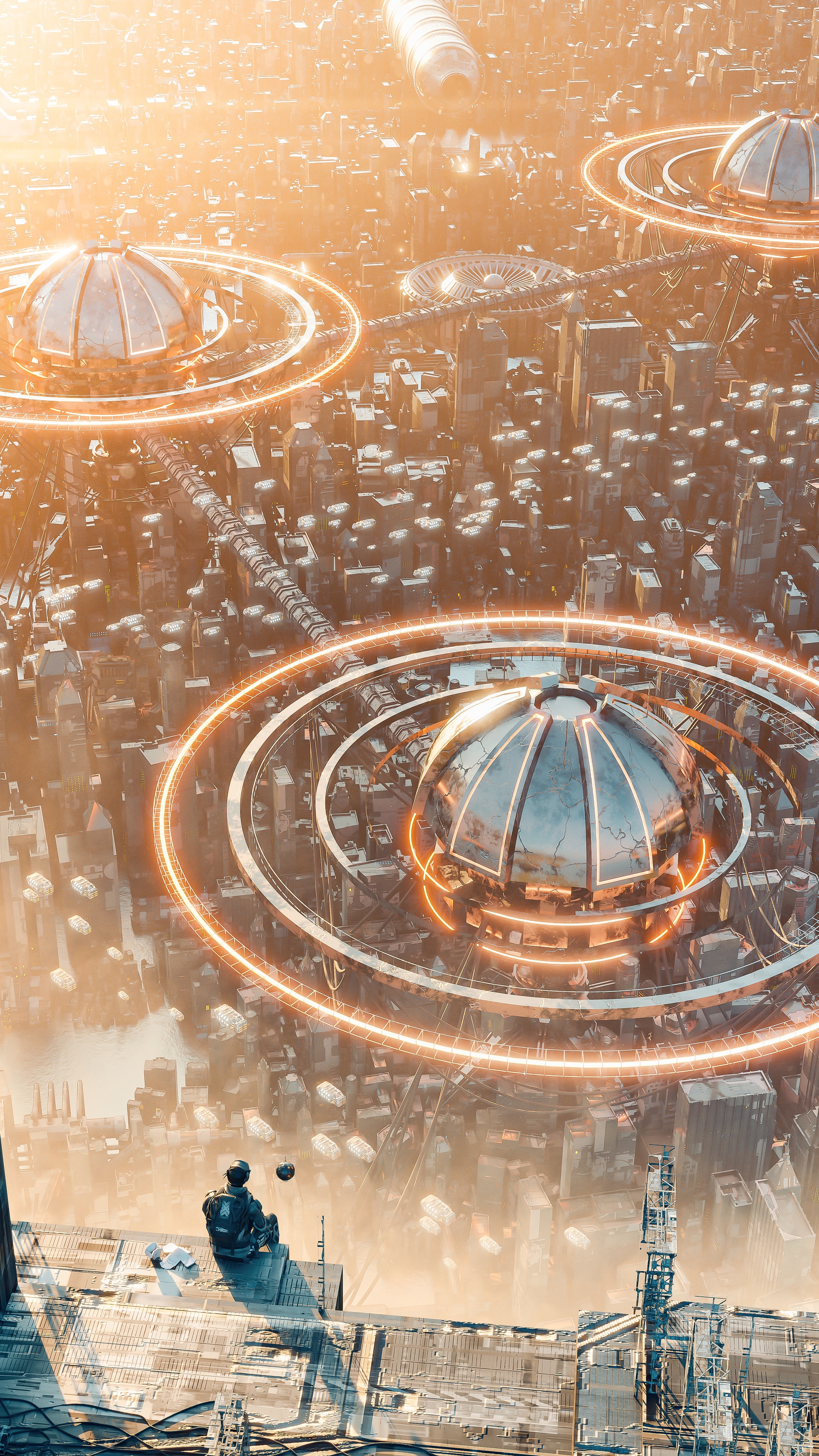 Sci-fi city with futuristic domes and a lone figure HD Phone Wallpaper