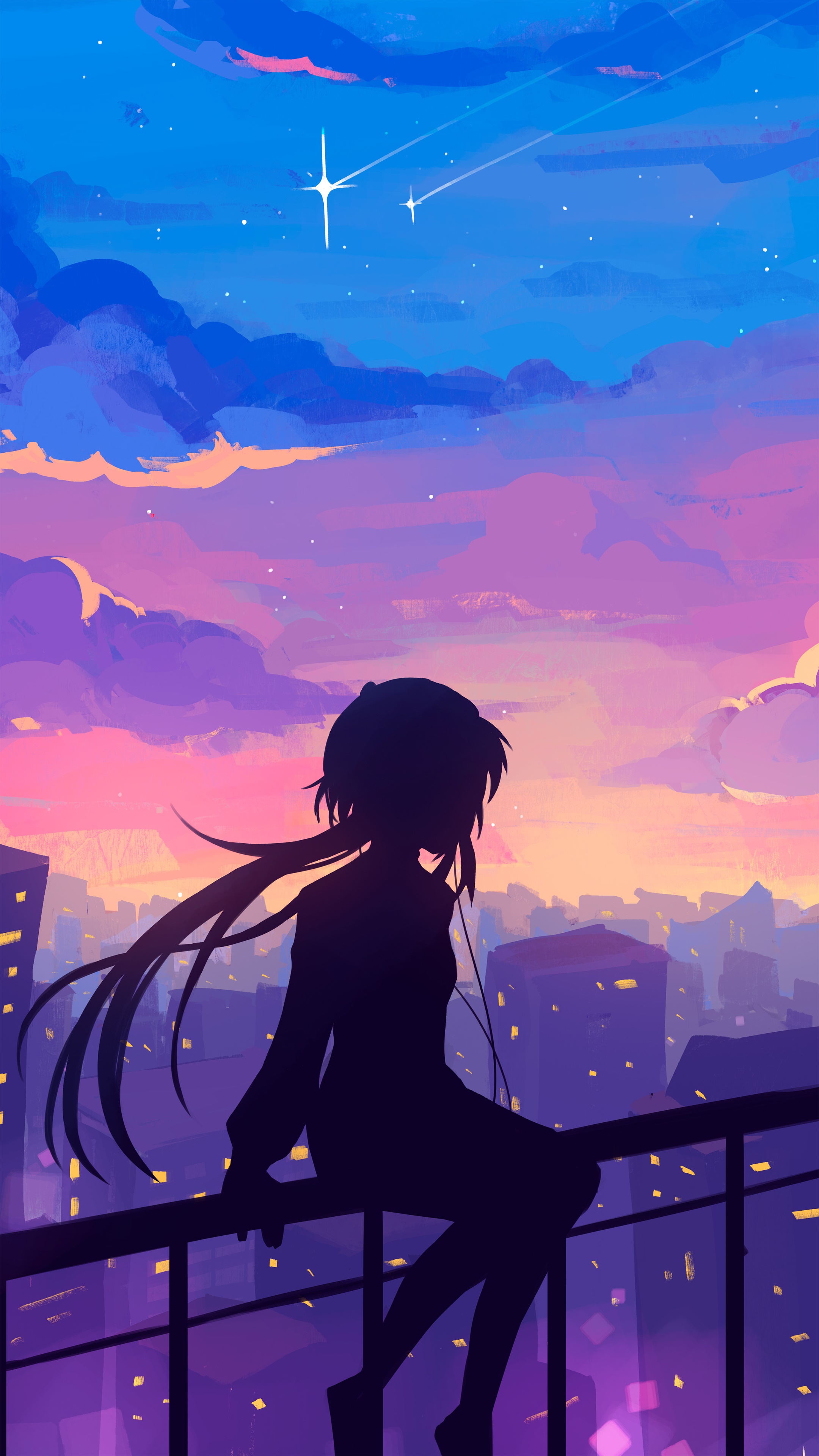 Silhouette of a girl on a rooftop overlooking a city at sunset HD Phone Wallpaper