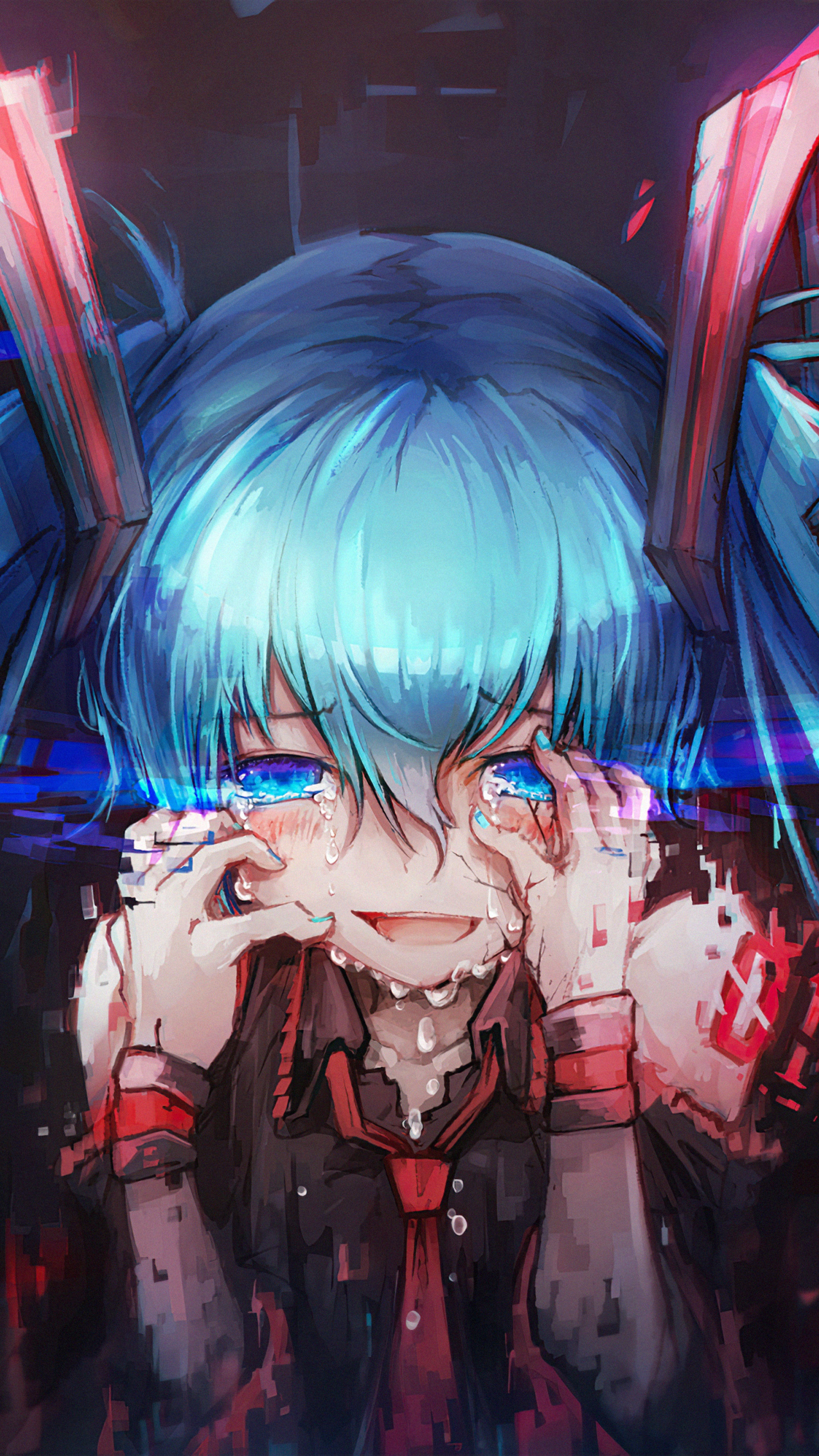 Hatsune Miku from Vocaloid crying with digital glitch effects HD Phone Wallpaper