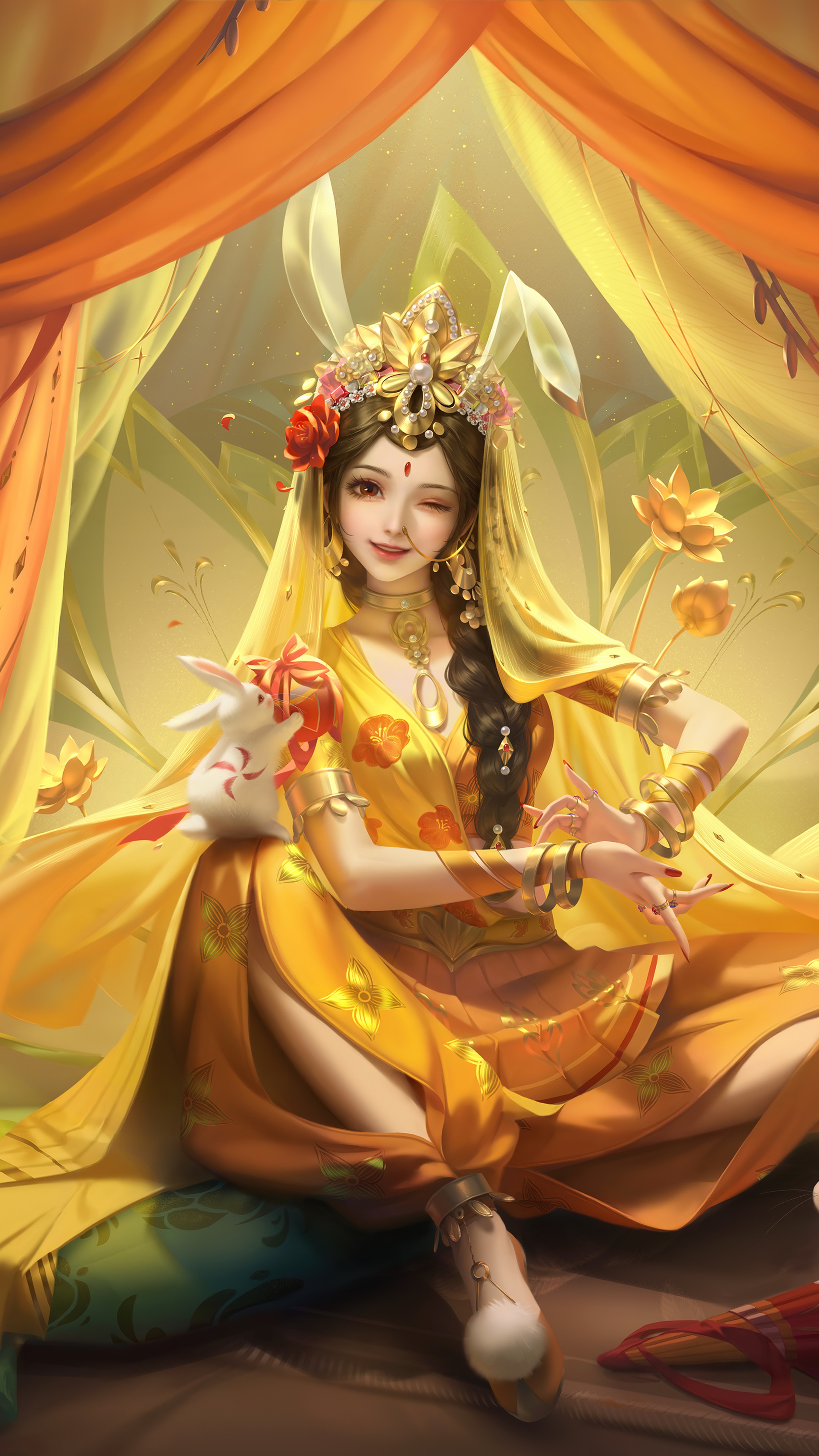 Fantasy girl with rabbit and lotus flowers HD Phone Wallpaper
