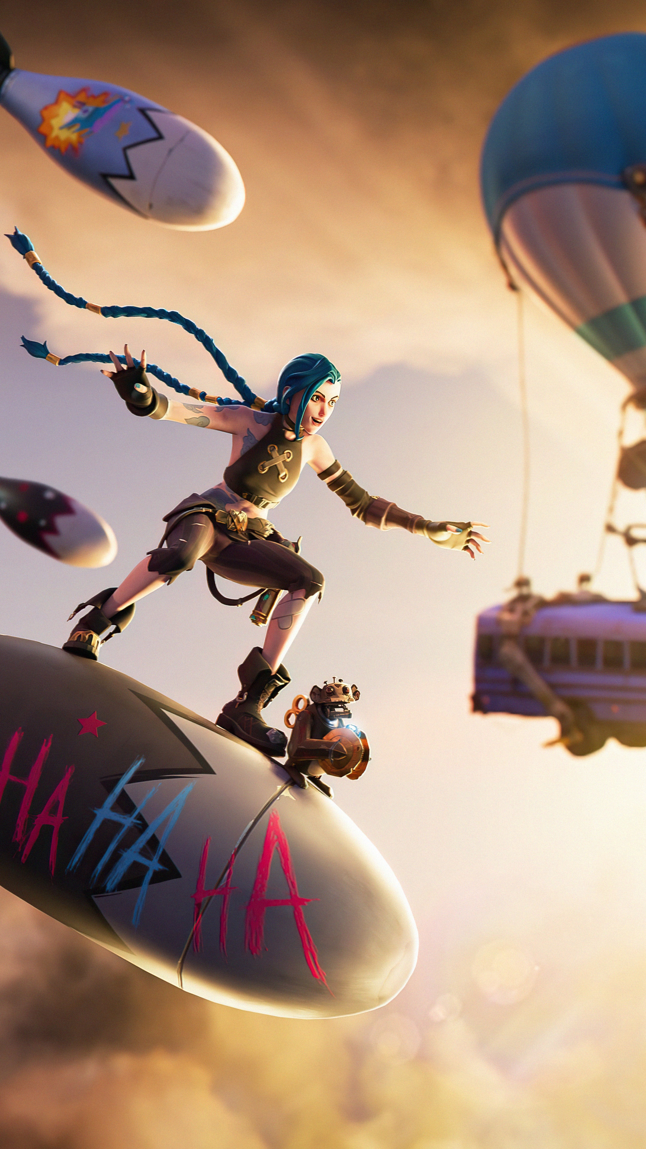 Jinx from League of Legends on a bomb in Fortnite 4K HD Phone Wallpaper
