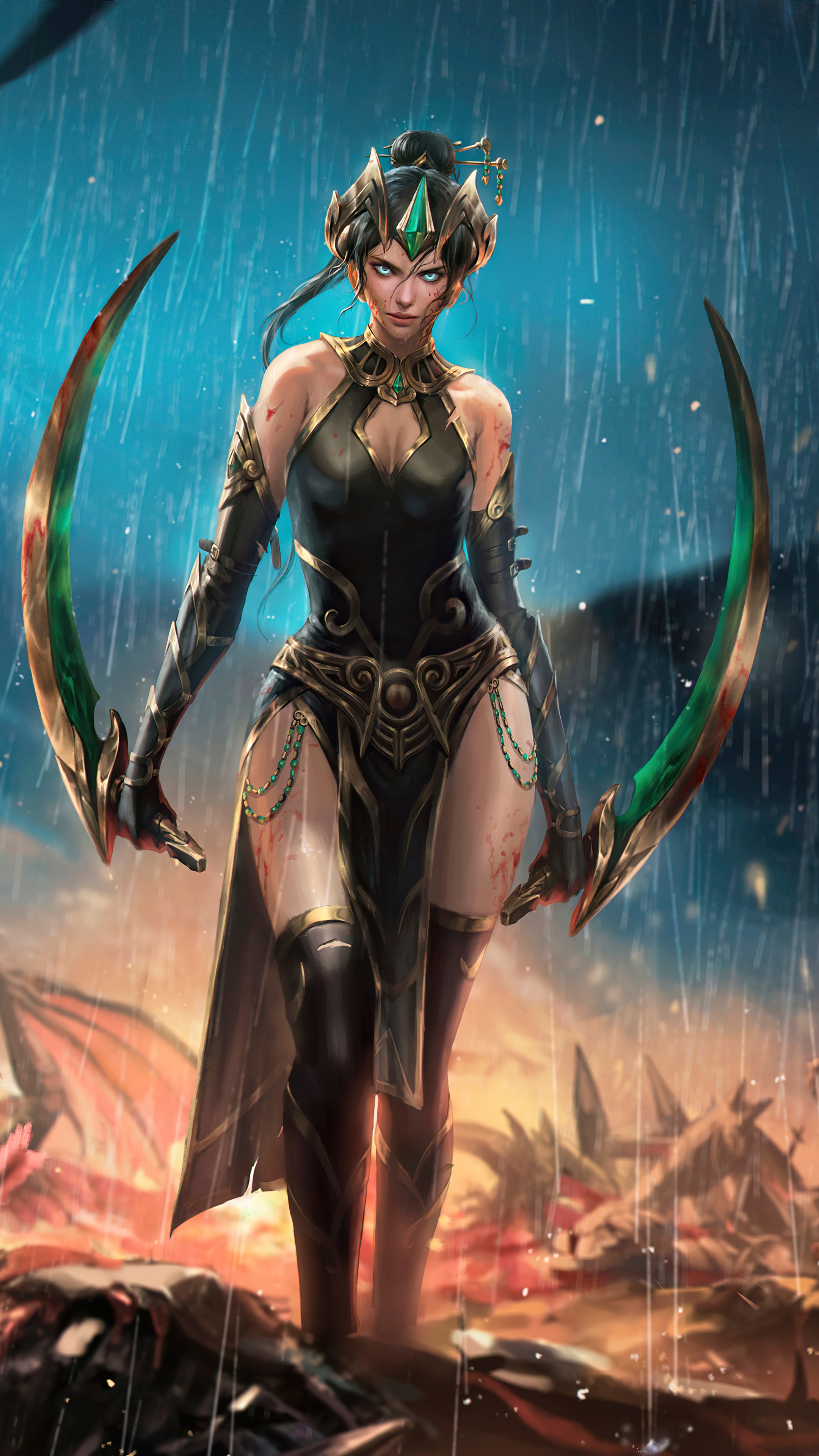 Assassin with dual curved swords in the rain HD Phone Wallpaper