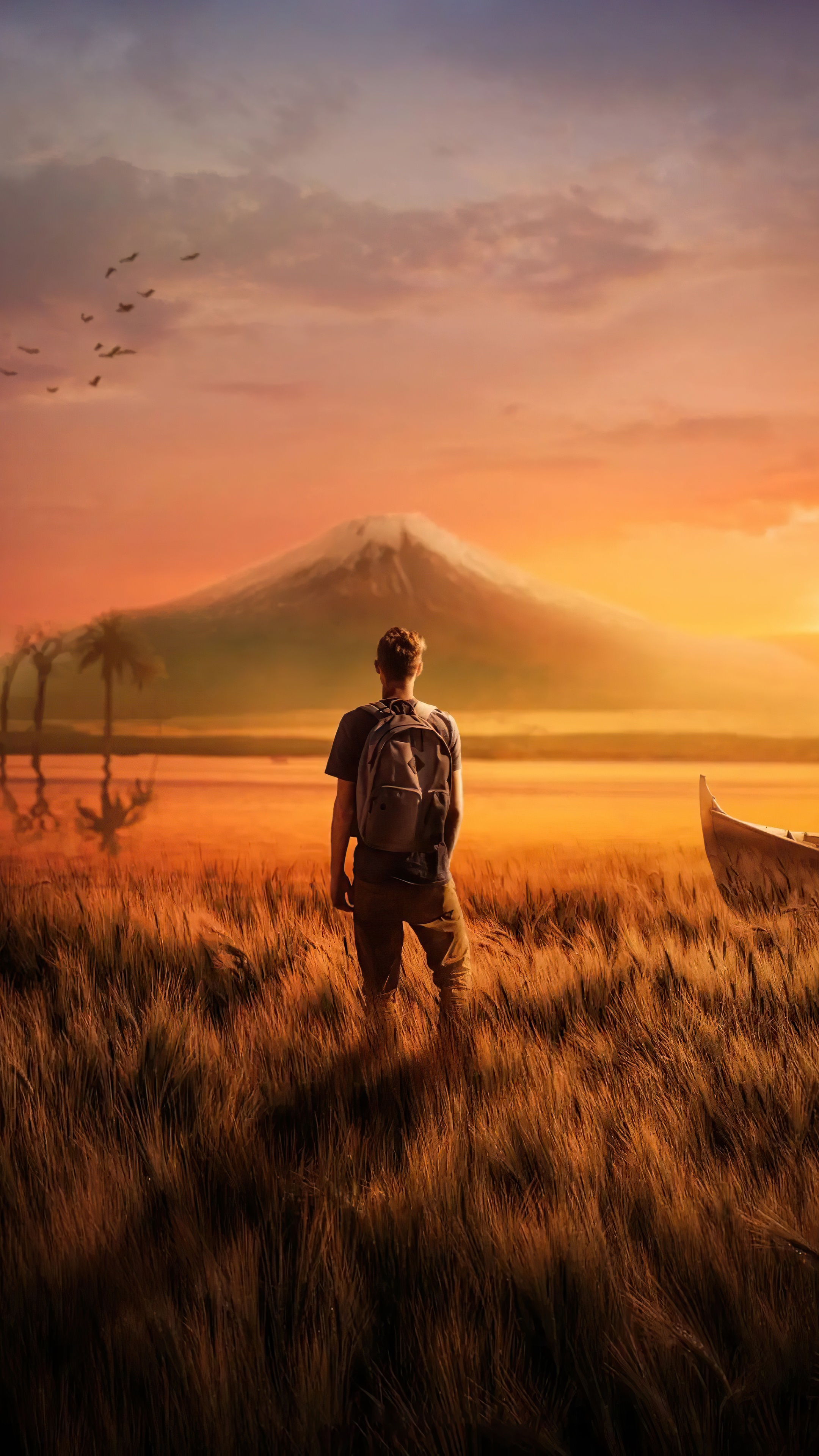 Man with backpack looking at mountain at sunset HD Phone Wallpaper