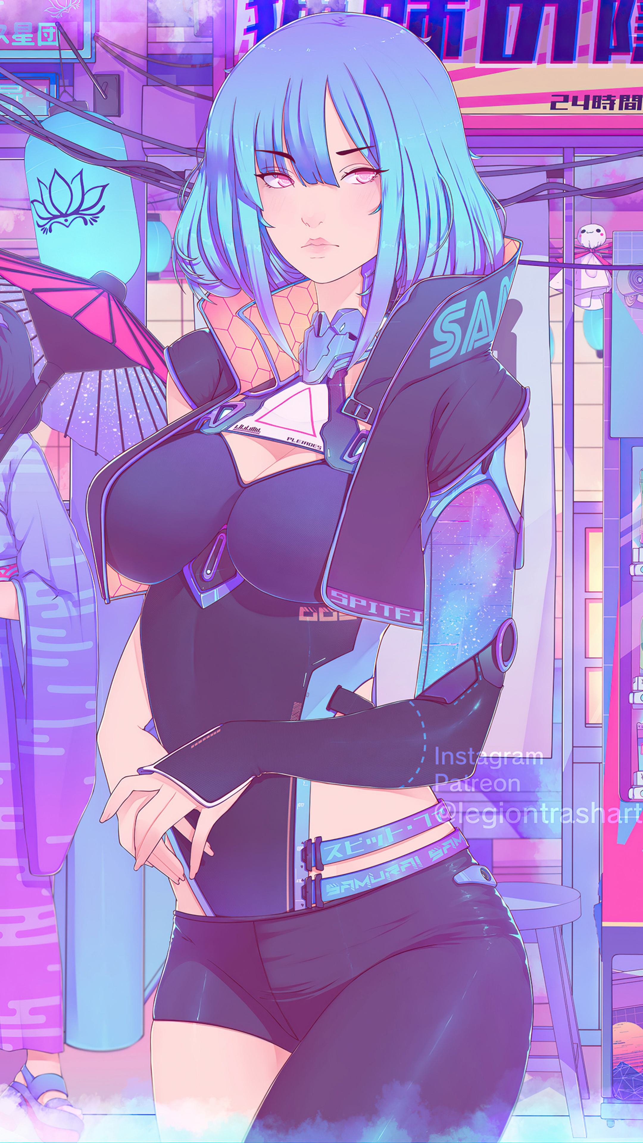 Cyberpunk girl with blue hair in a neon city HD Phone Wallpaper