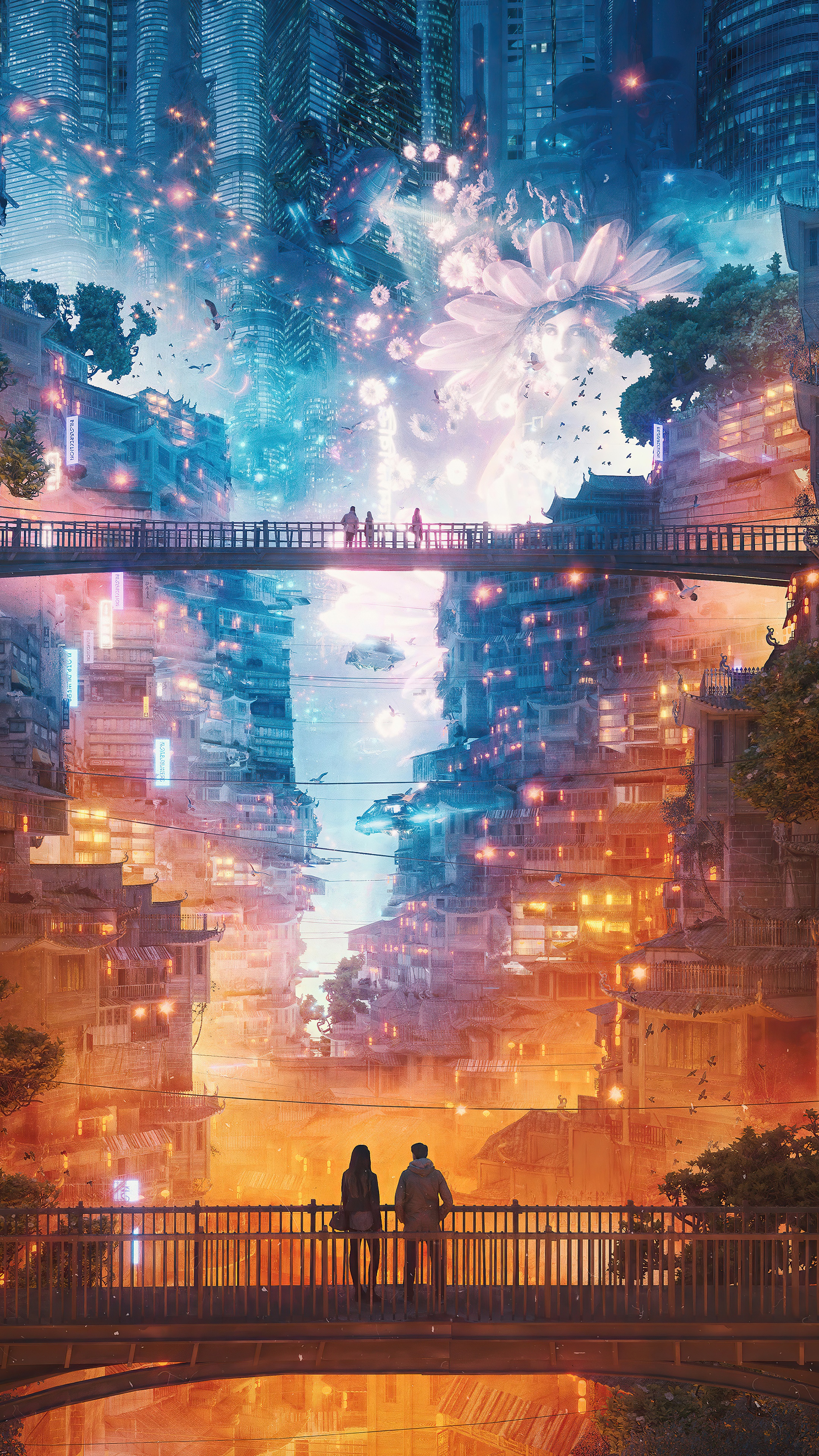 Digital art of a surreal cityscape with bridges HD Phone Wallpaper