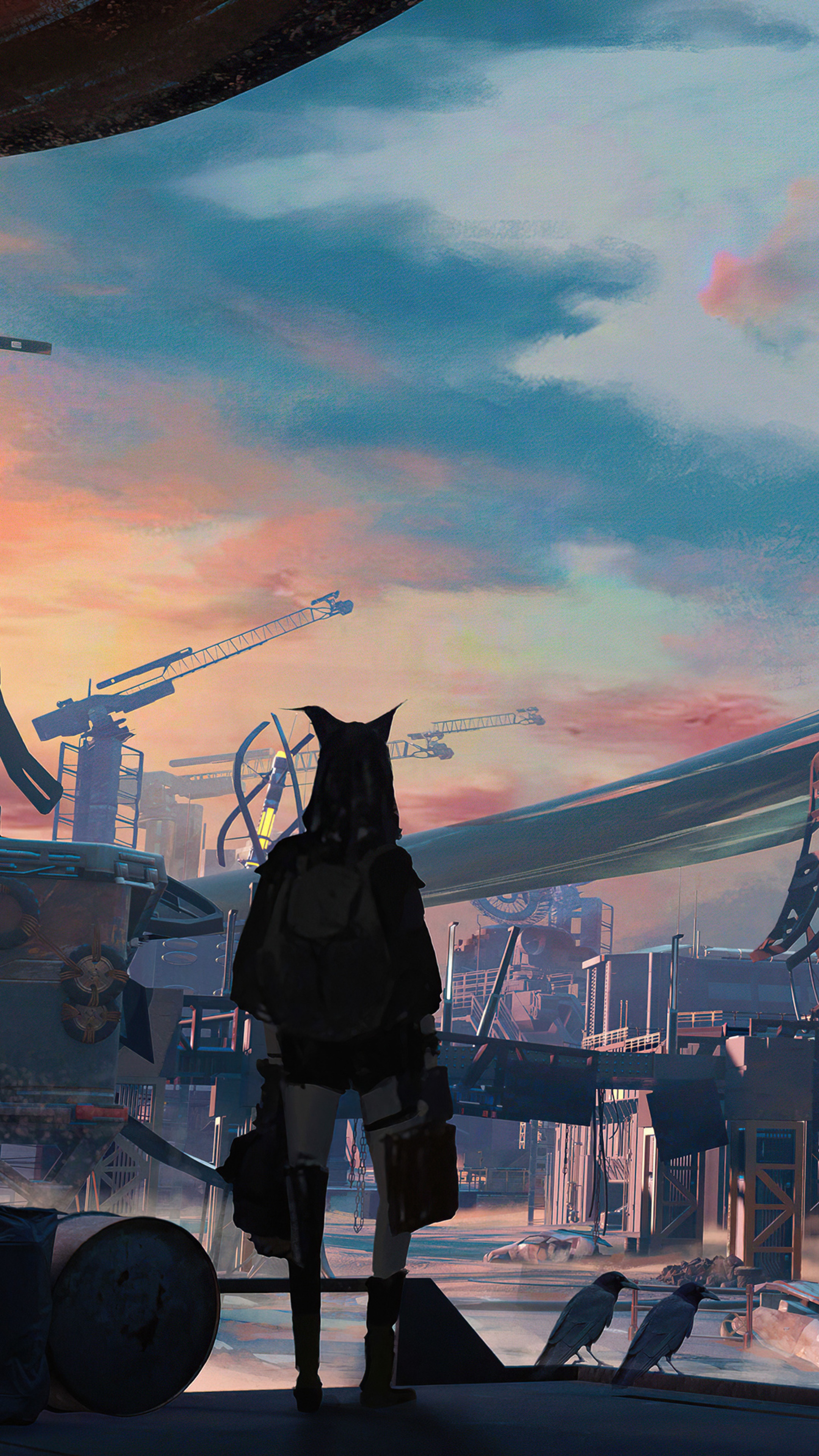 Girl with cat ears in industrial landscape at sunset HD Phone Wallpaper