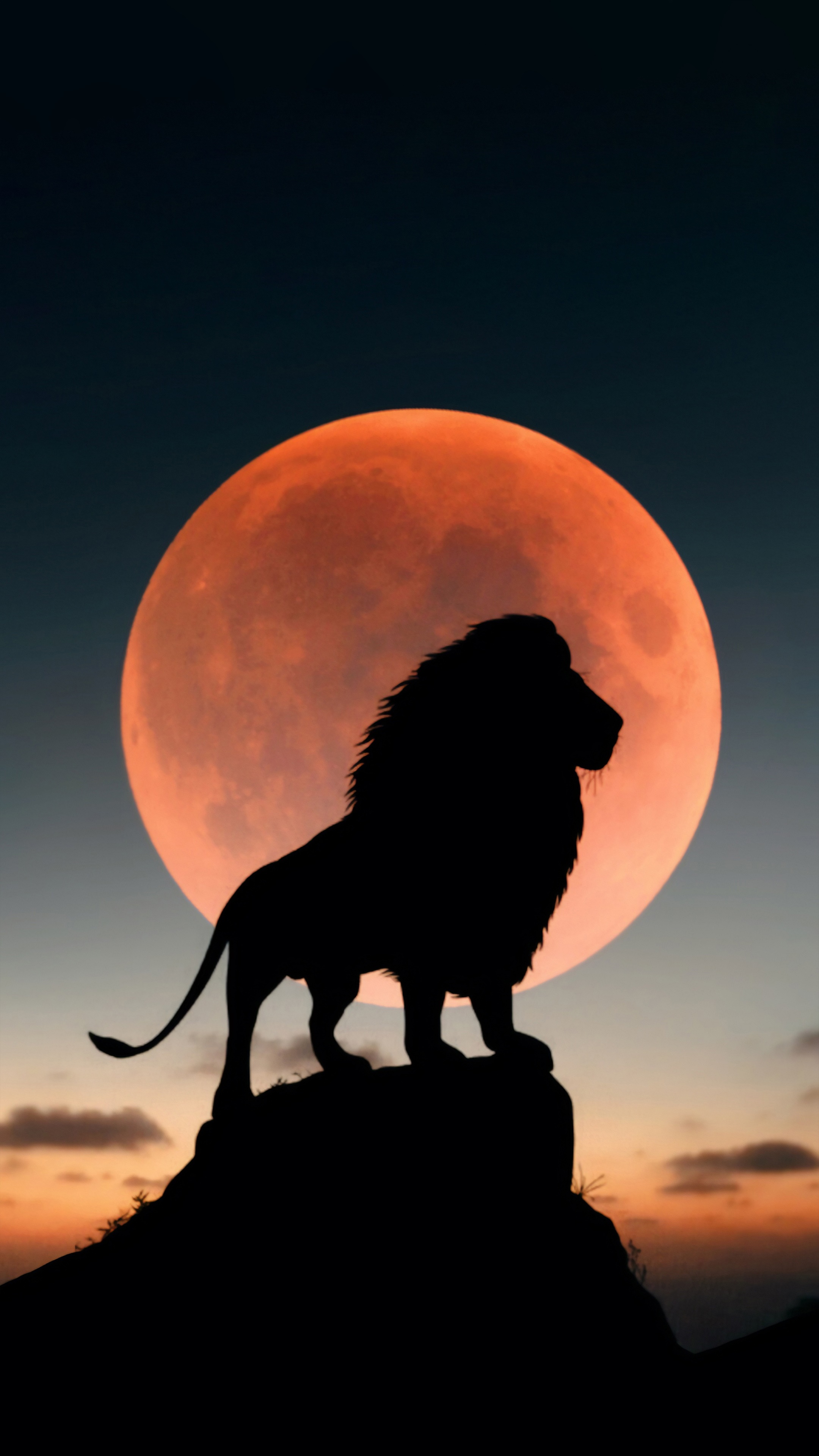 Lion silhouette against a large orange moon HD Phone Wallpaper