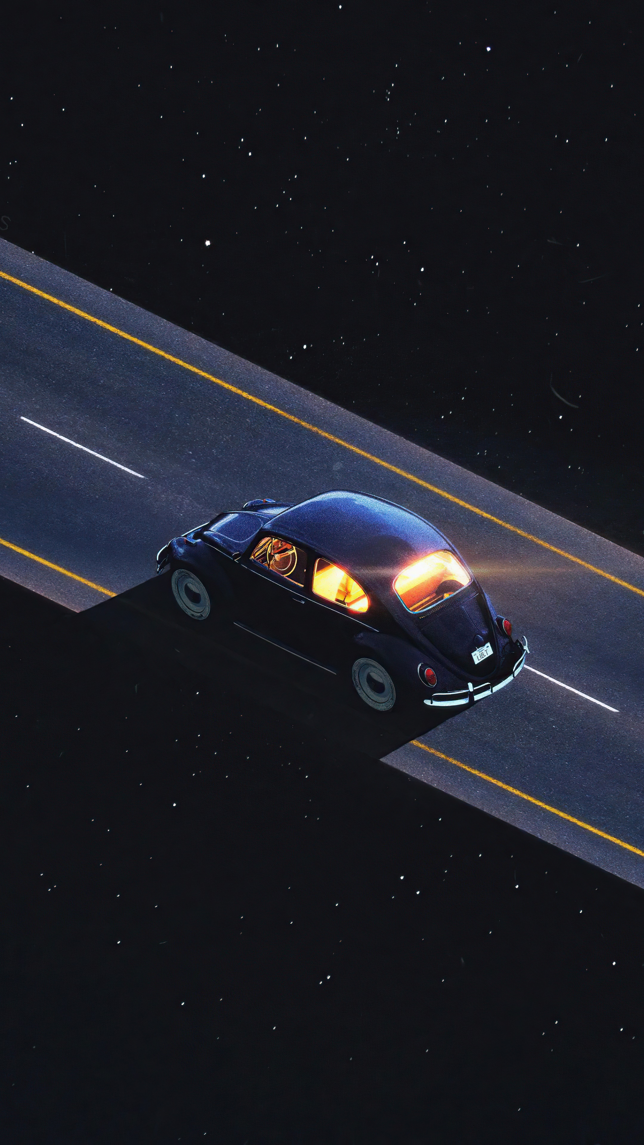 Artwork of a Volkswagen Beetle on a road at night HD Phone Wallpaper